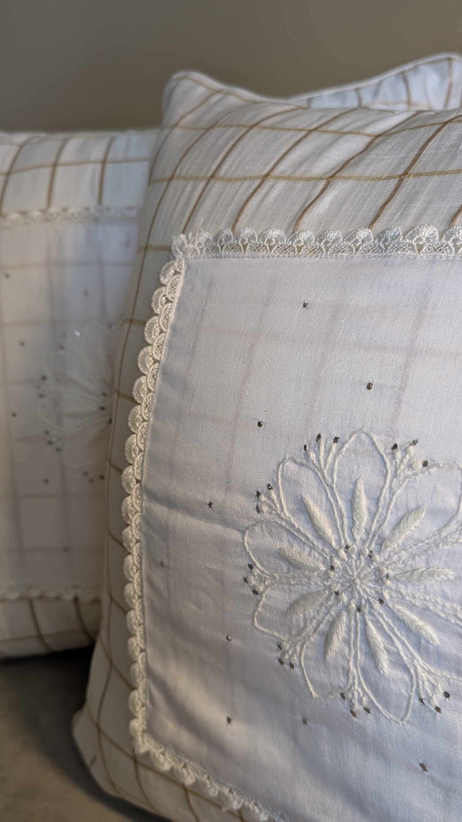 White Silk Patch Hand Embroidered Cushion Cover 18x18 Inches