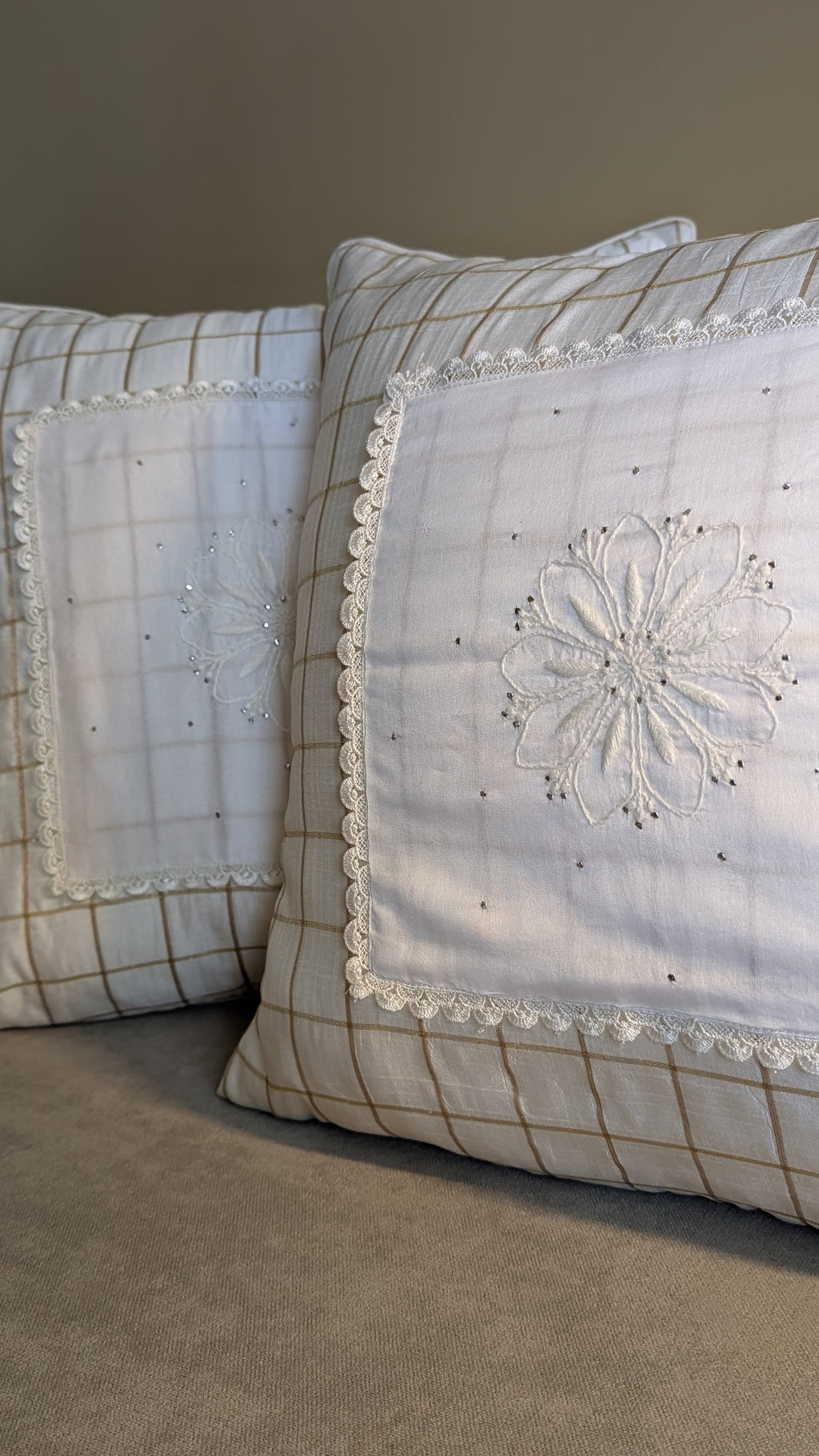 White Silk Patch Hand Embroidered Cushion Cover 18x18 Inches