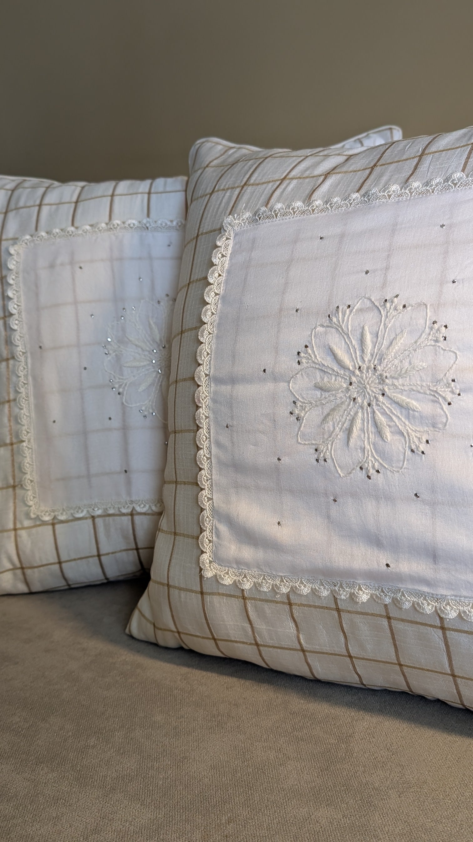 White Silk Patch Hand Embroidered Cushion Cover 18x18 Inches