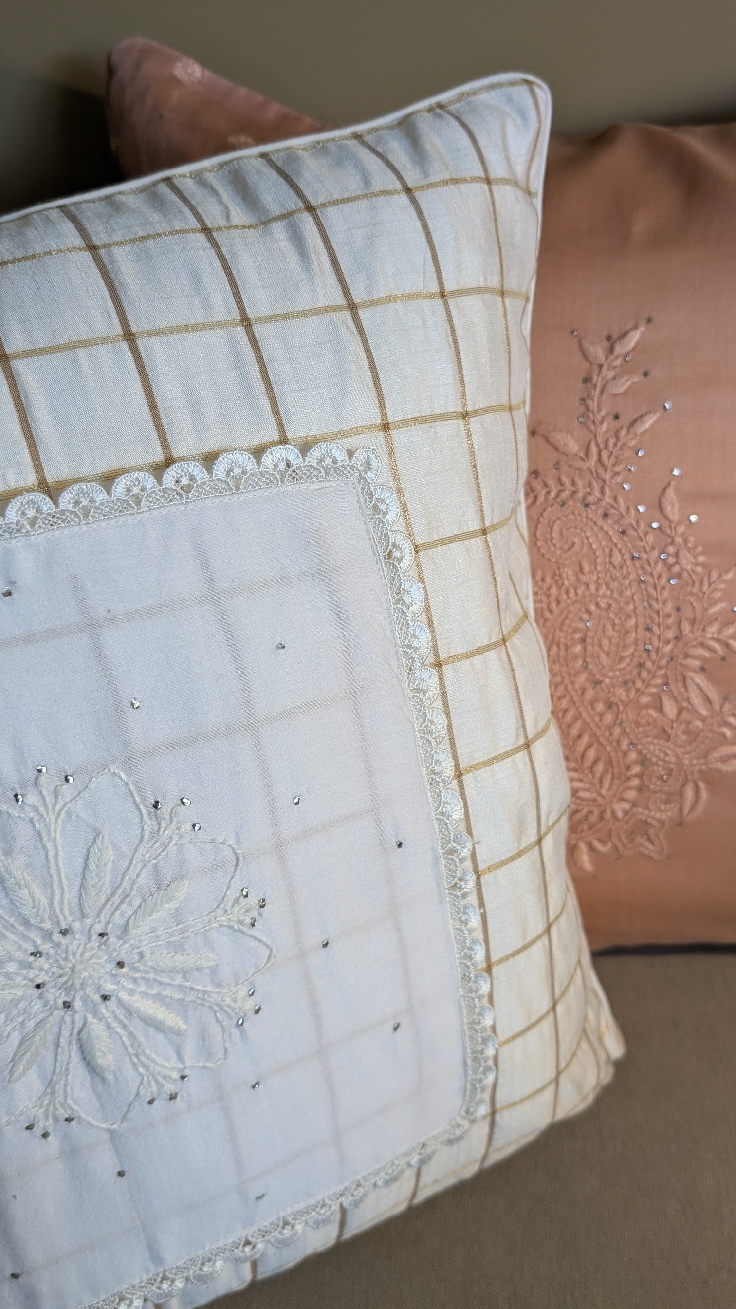 White Silk Patch Hand Embroidered Cushion Cover 18x18 Inches