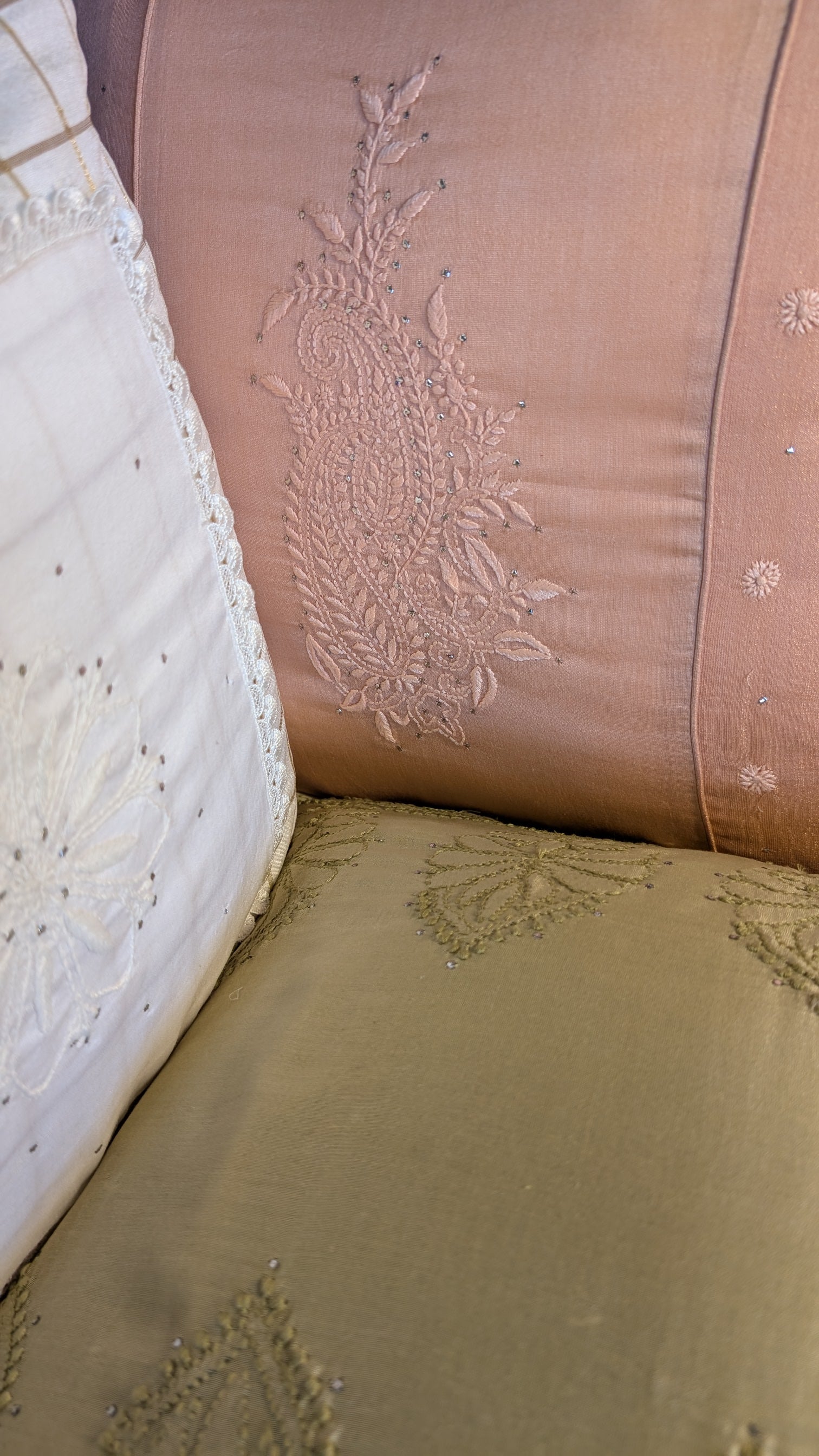 White Silk Patch Hand Embroidered Cushion Cover 18x18 Inches