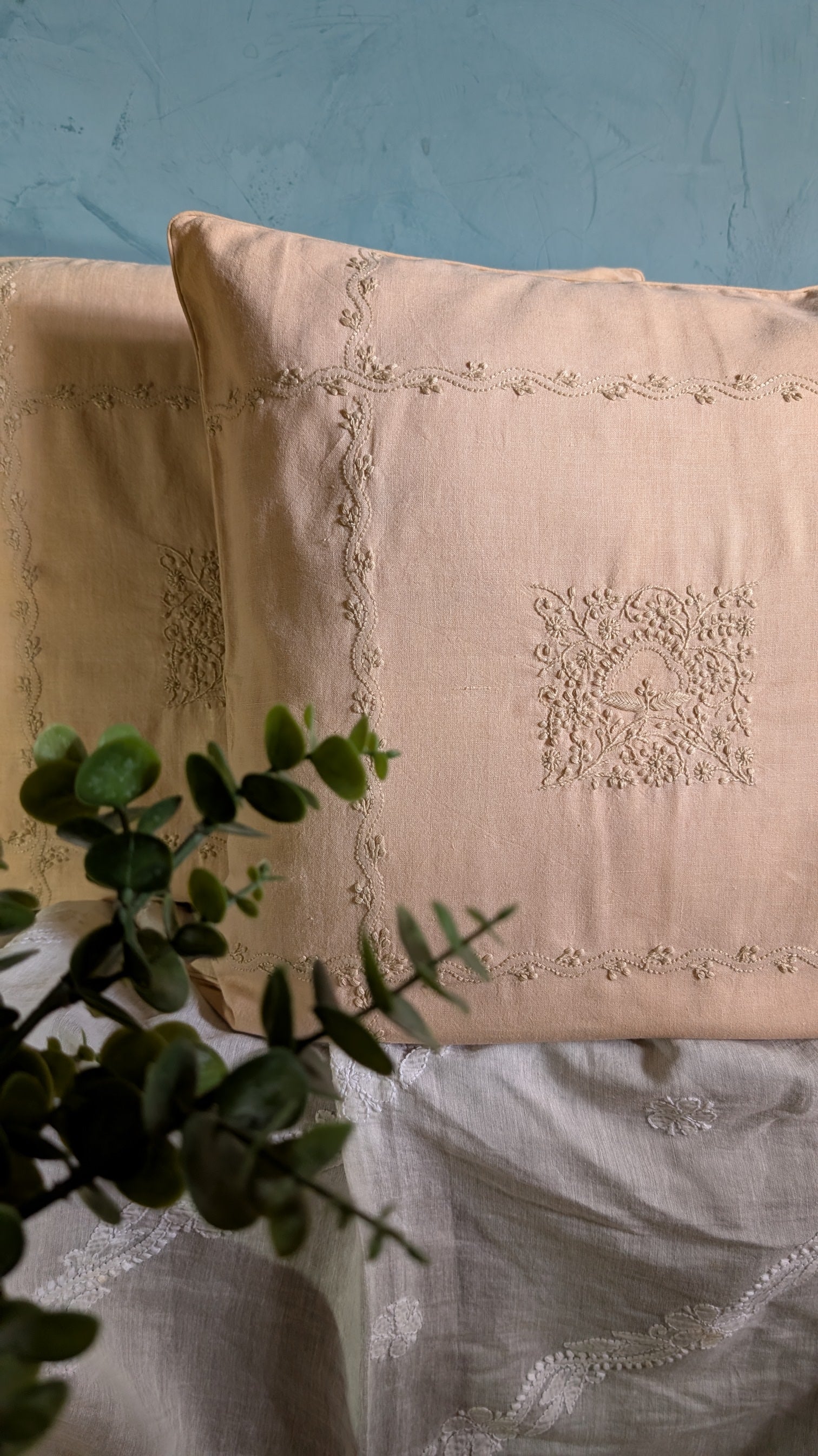 Light Peach Handmade Chikankari Cushion Covers 16X16 In