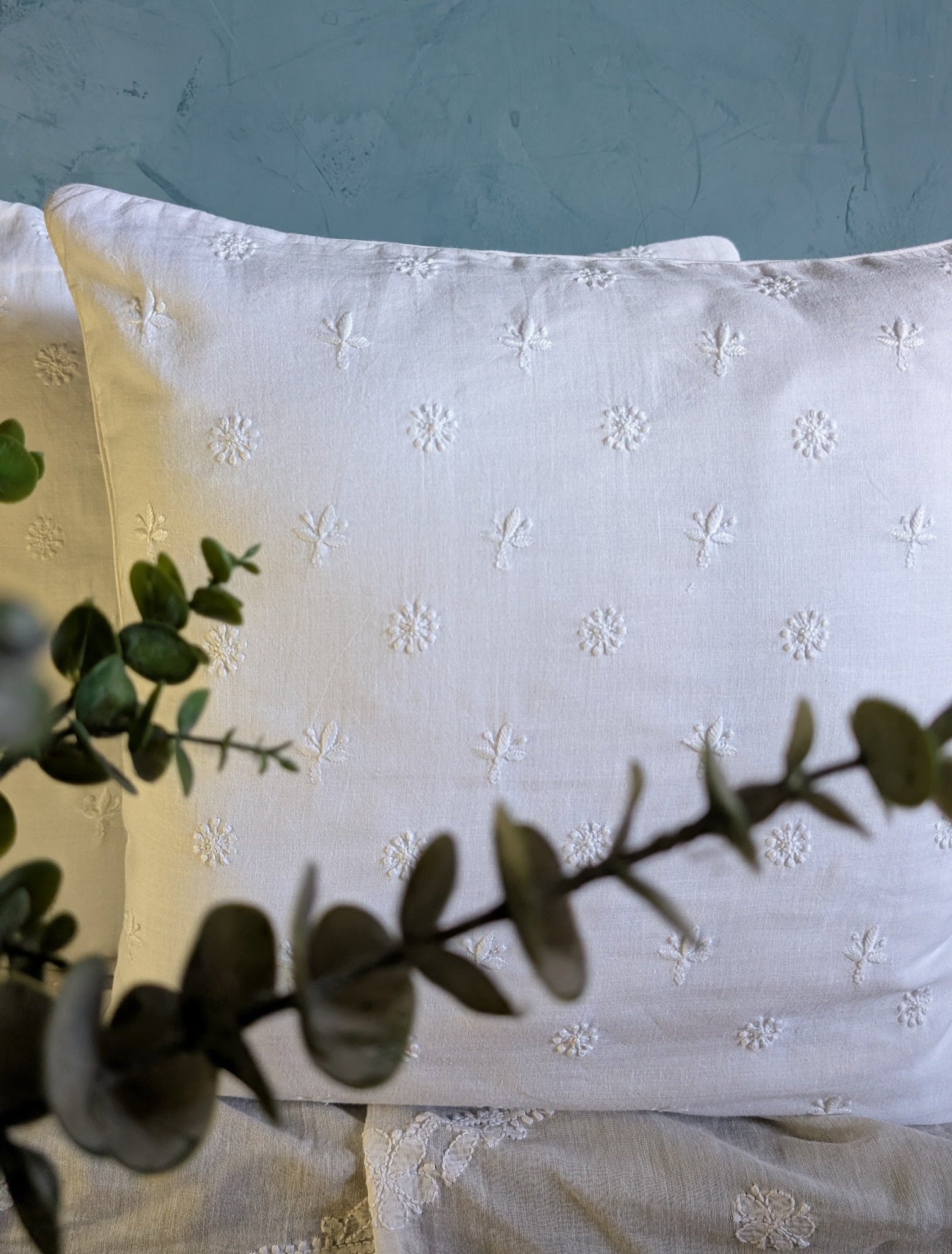 Linen Natural White Hand Embroidered Cushion Cover 18x18 inches