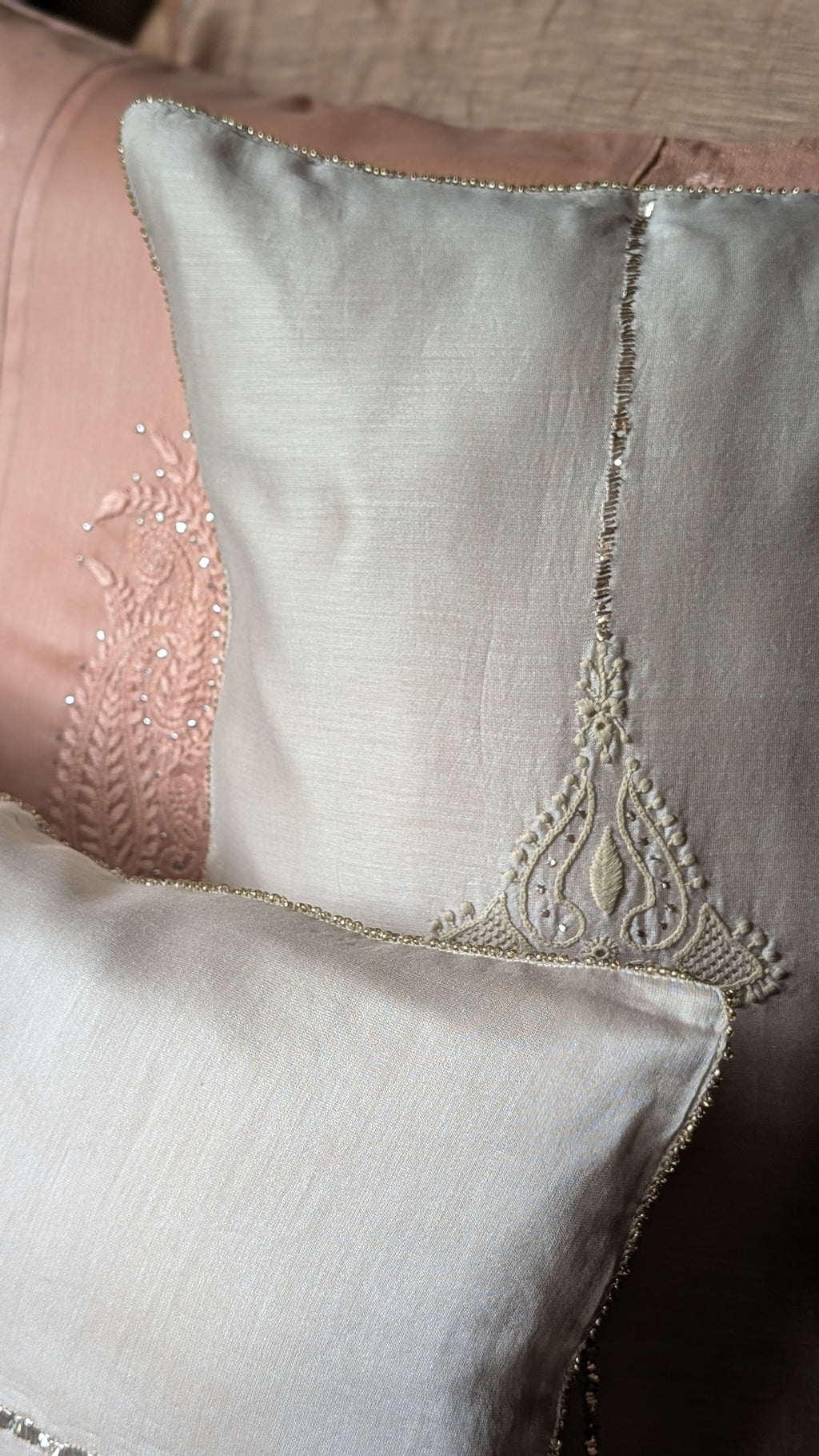 Beige Chikankari Lumbar Cushion Cover 18x12inches