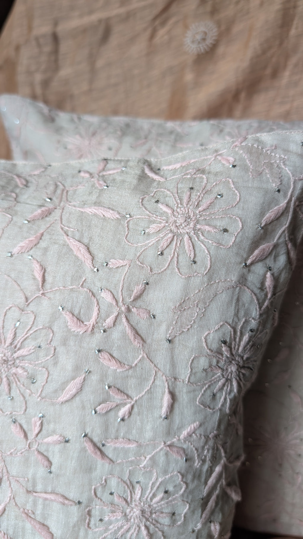 Silver Chikankari Hand Embroidered Cushion Cover 16x16 inches
