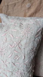 Silver Chikankari Hand Embroidered Cushion Cover 16x16 inches