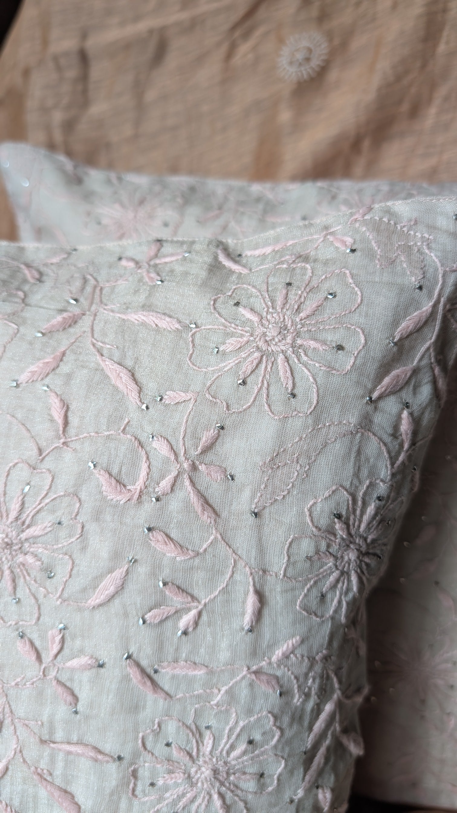 Silver Chikankari Hand Embroidered Cushion Cover 16x16 inches