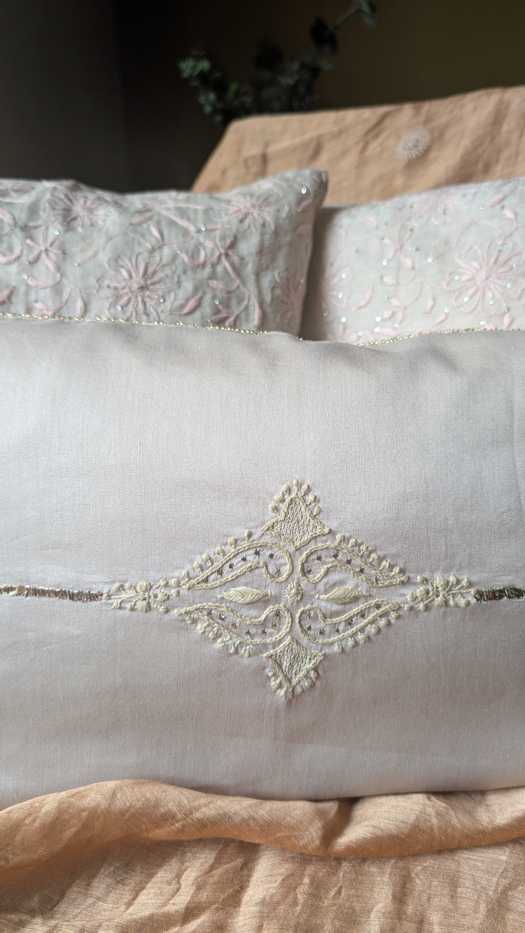 Beige Chikankari Lumbar Cushion Cover 18x12inches