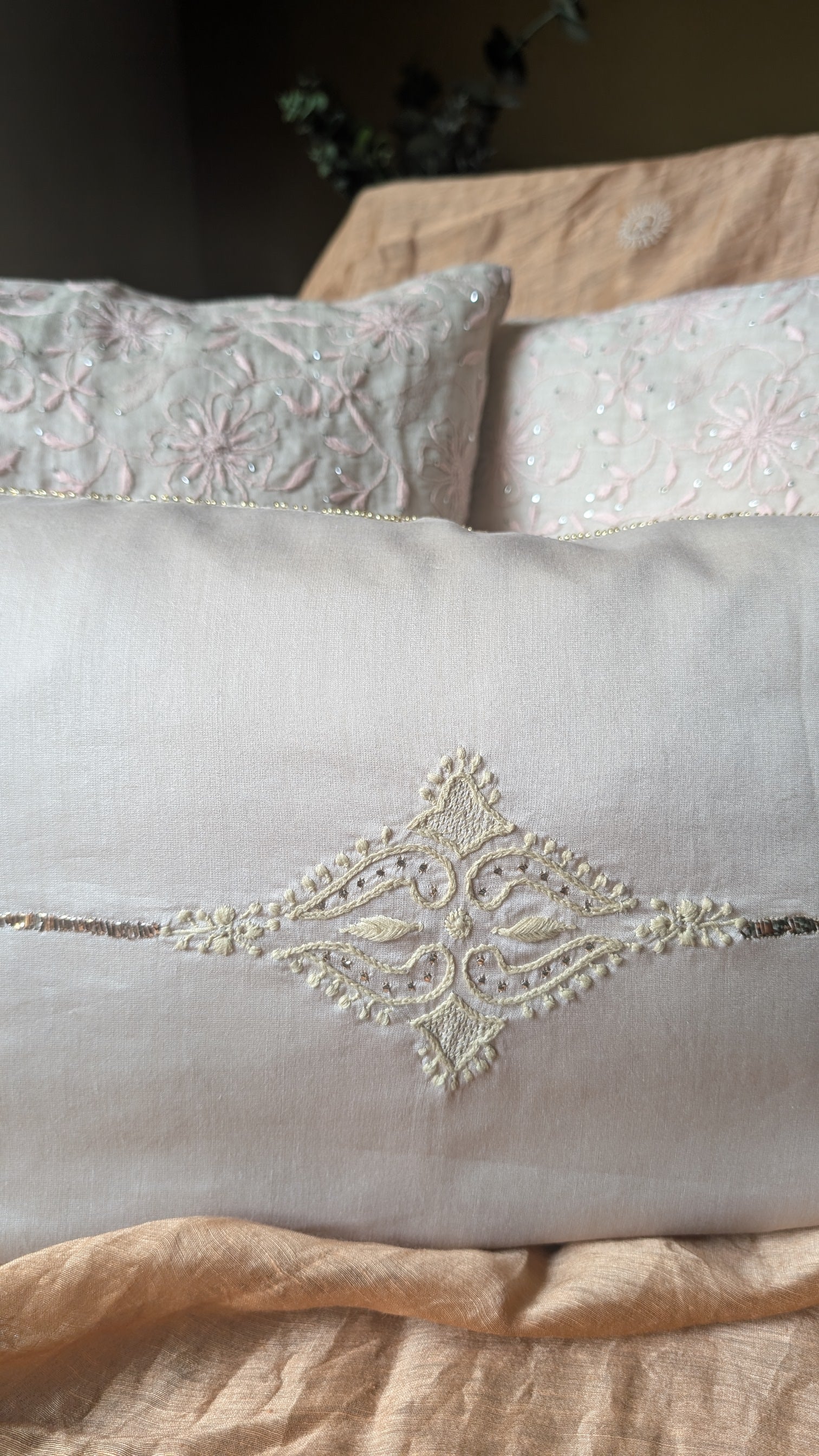 Beige Chikankari Lumbar Cushion Cover 18x12inches