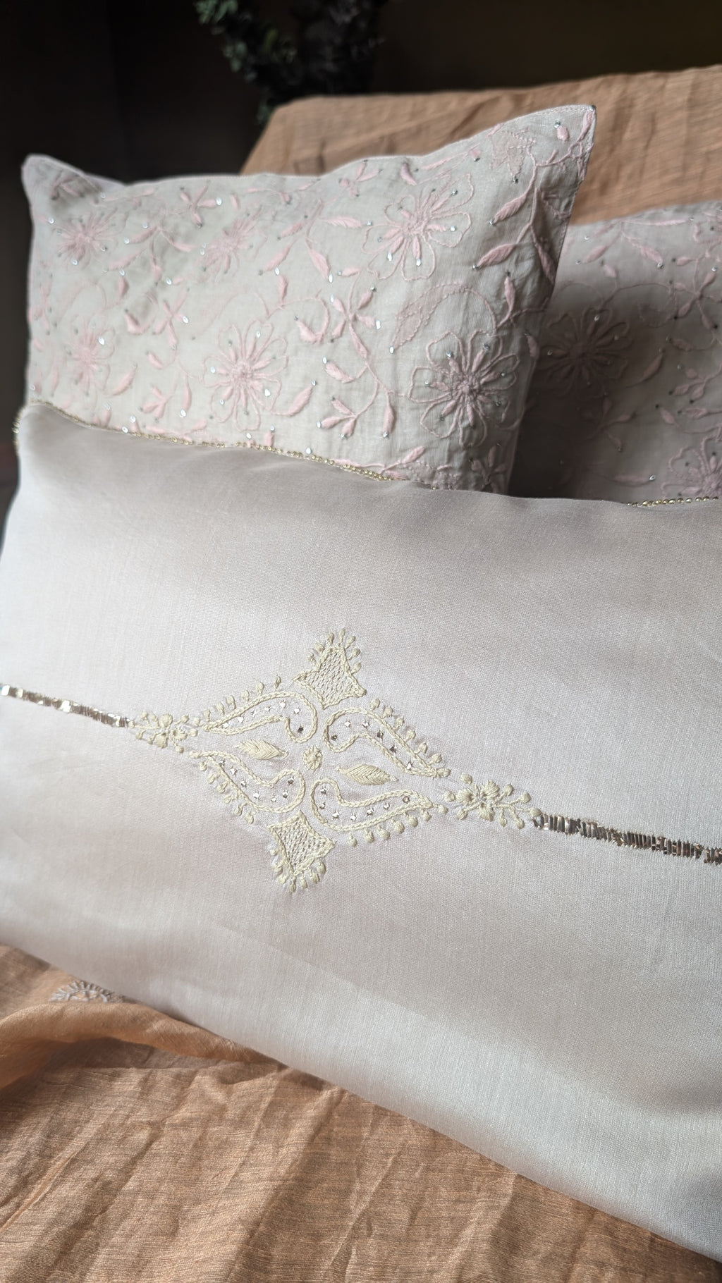Beige Chikankari Lumbar Cushion Cover 18x12inches