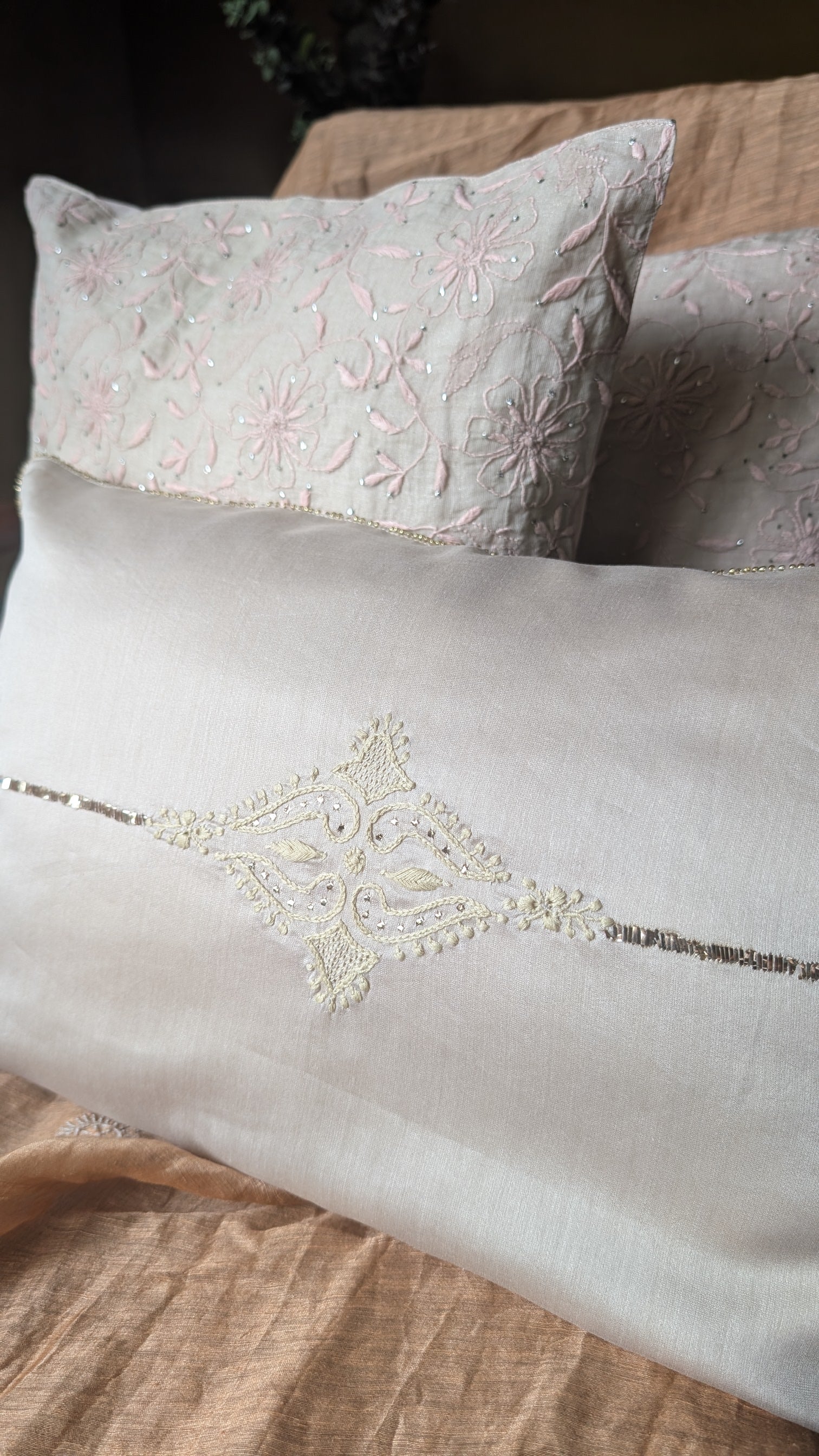 Beige Chikankari Lumbar Cushion Cover 18x12inches