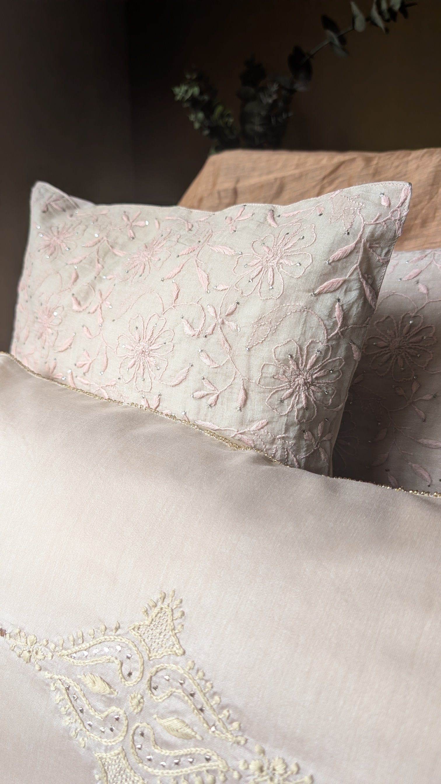 Beige Chikankari Lumbar Cushion Cover 18x12inches