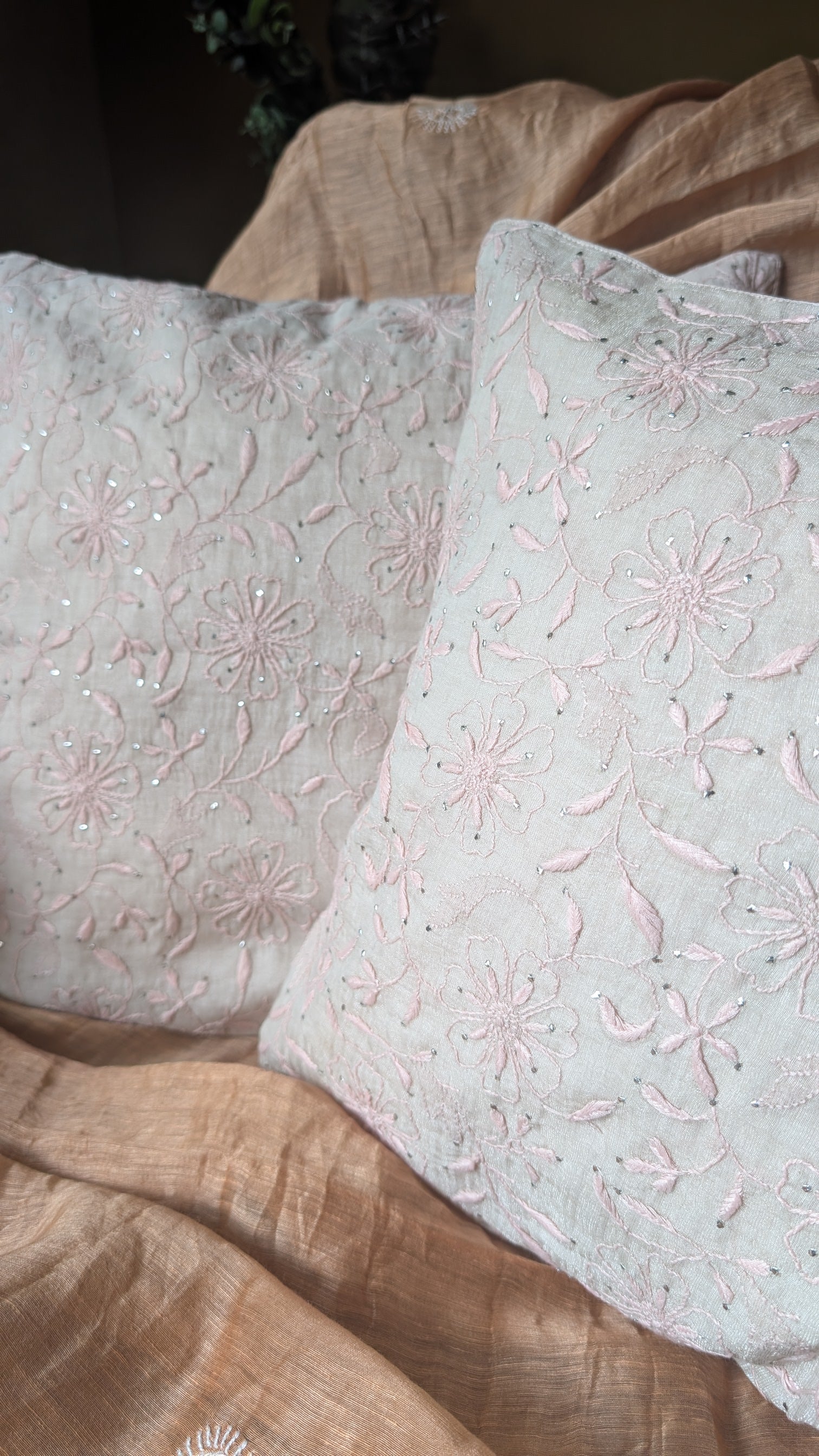Silver Chikankari Hand Embroidered Cushion Cover 16x16 inches