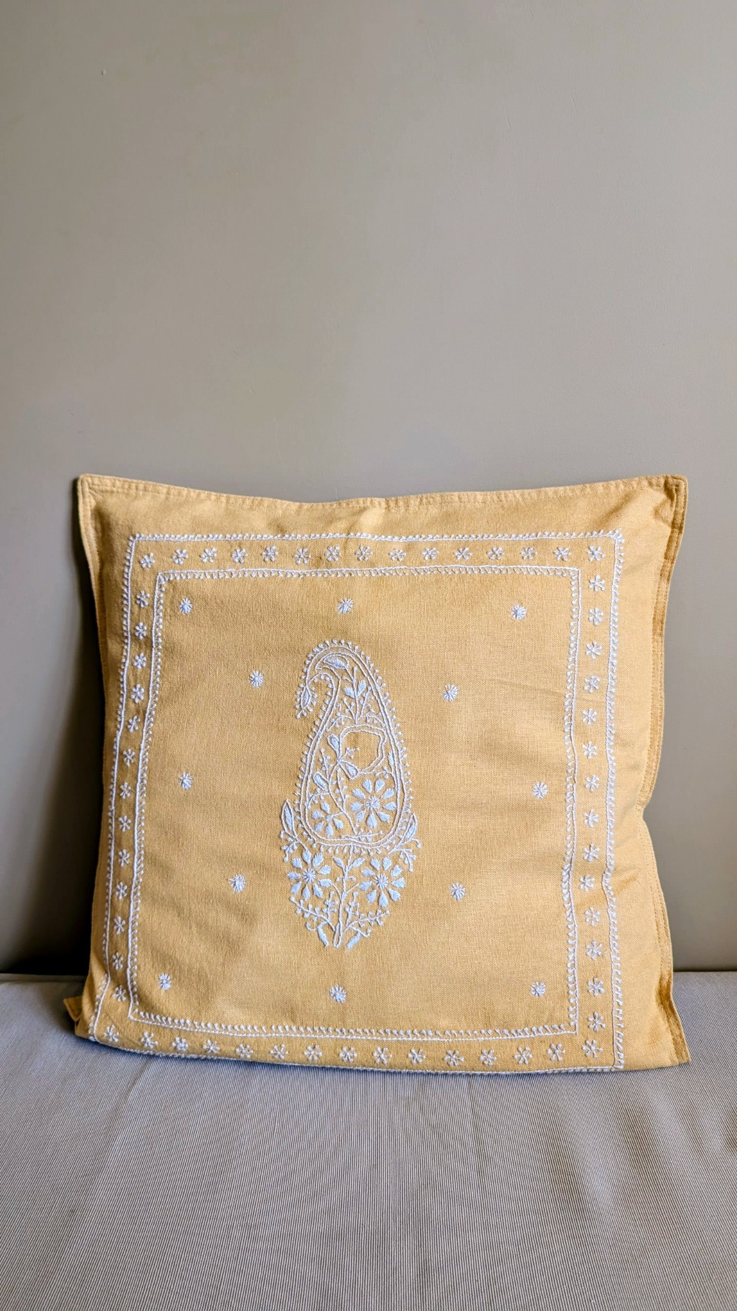 Yellow Cotton Linen Chikankari Cushion Cover- 20x20 inches