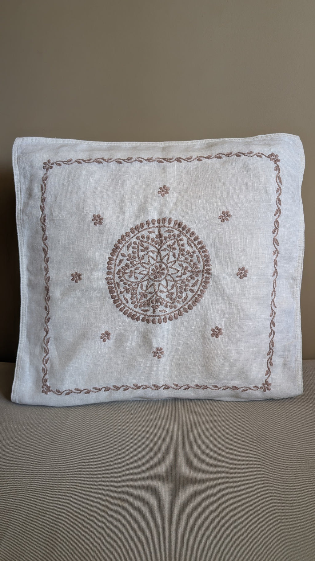 White Cotton Linen Chikankari Cushion Cover- 20x20 inches