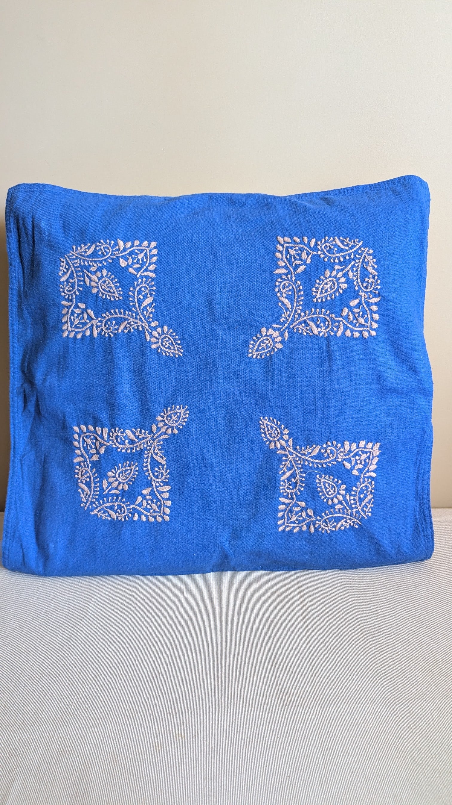 Blue Cotton Linen Chikankari Cushion Cover- 20x20 inches