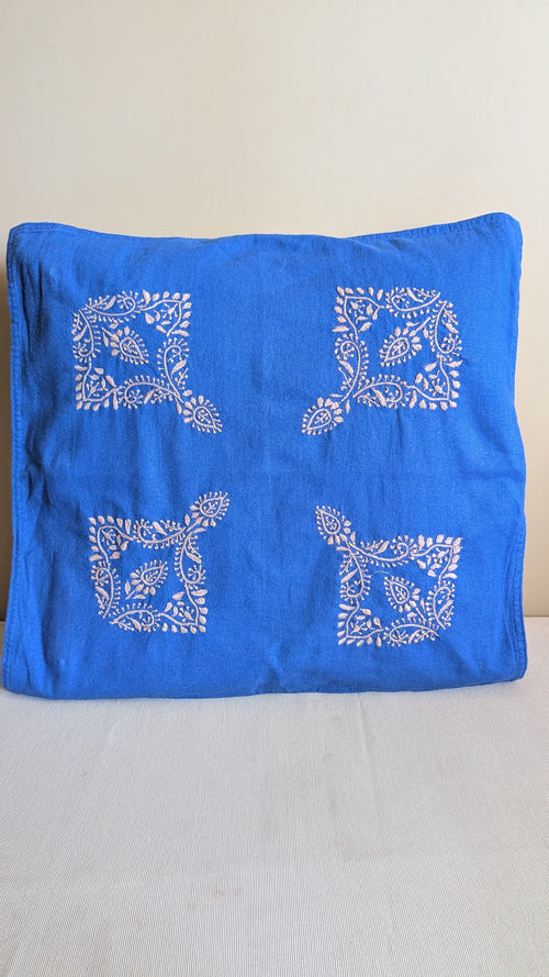 Blue Cotton Linen Chikankari Cushion Cover- 20x20 inches