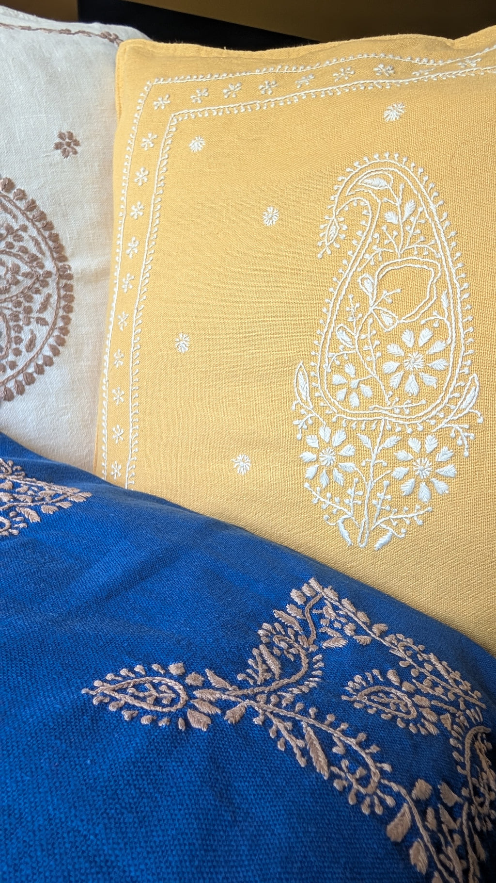 Yellow Cotton Linen Chikankari Cushion Cover- 20x20 inches