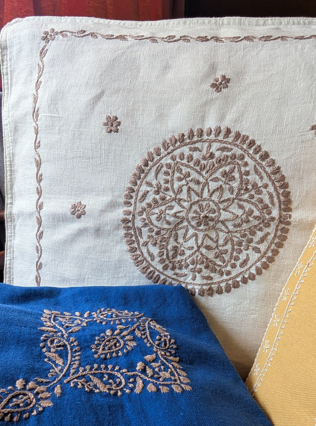 White Cotton Linen Chikankari Cushion Cover- 20x20 inches