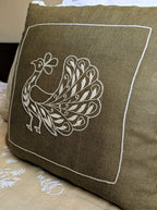 Olive Green Linen Cotton Chikankari Cushion Cover- 18x18 inches