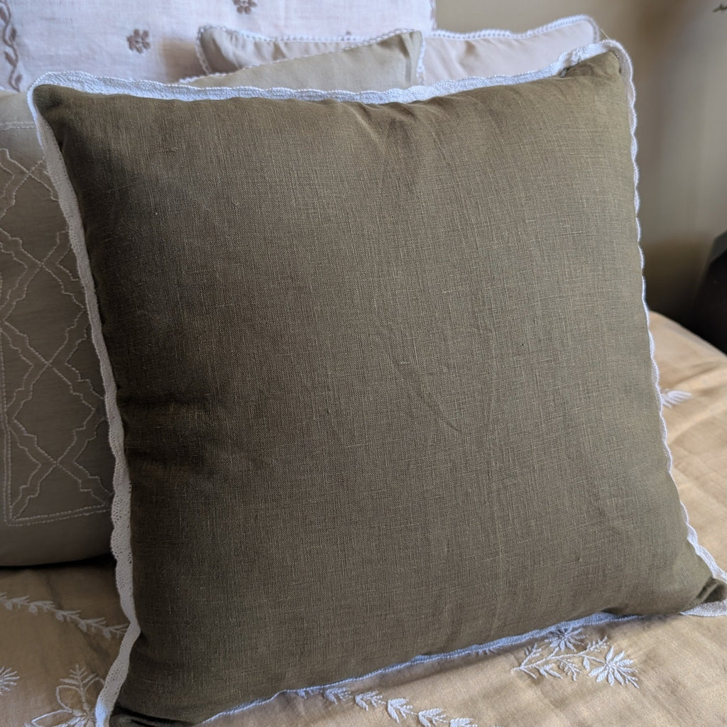 Olive Green Linen Cotton Chikankari Cushion Cover- 18x18 inches