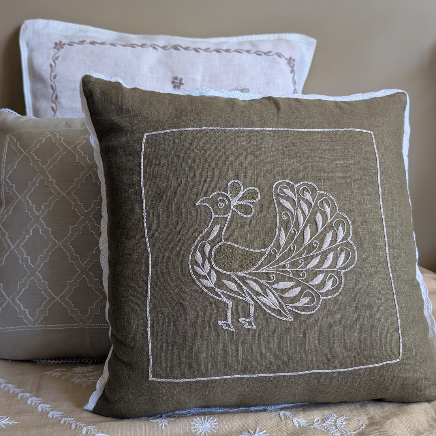 Olive Green Linen Cotton Chikankari Cushion Cover- 18x18 inches