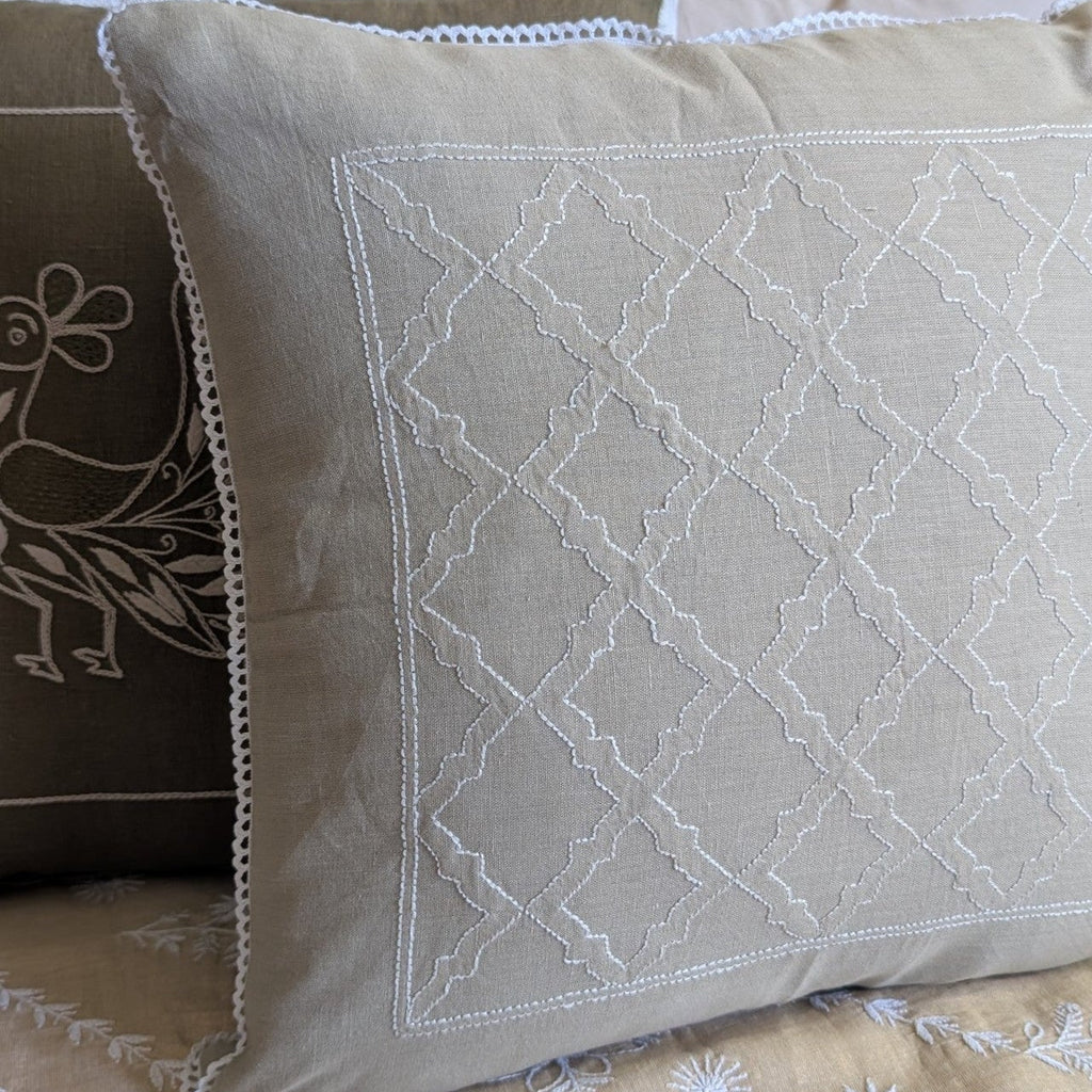 Bright Ecru Cotton Chikankari Cushion Cover- 18x18 inches