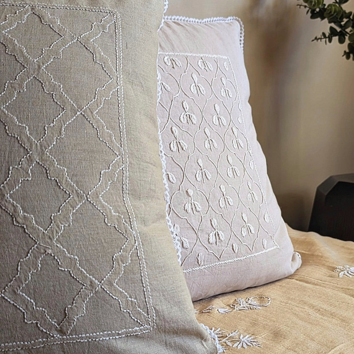 Bright Ecru Cotton Chikankari Cushion Cover- 18x18 inches