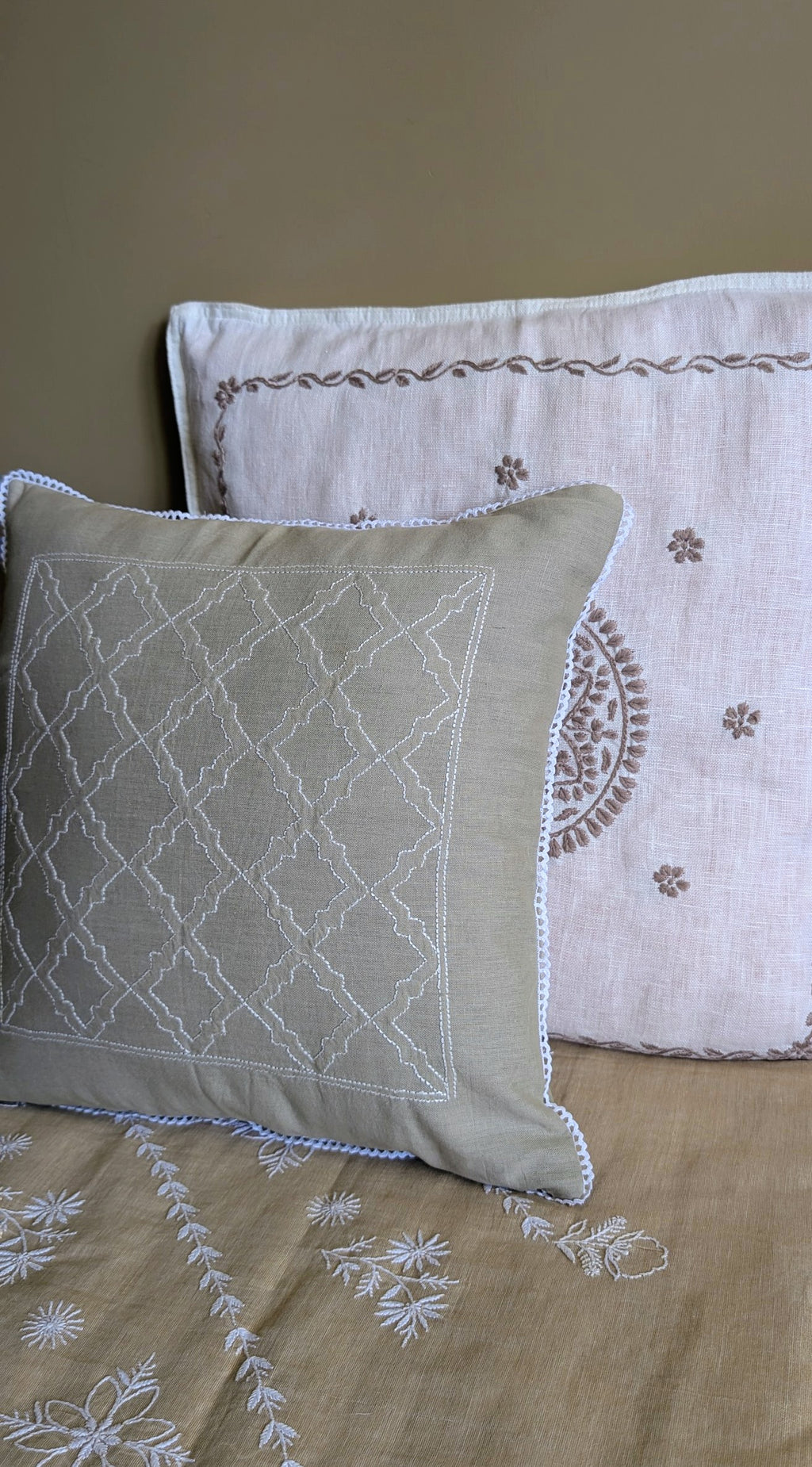 White Cotton Linen Chikankari Cushion Cover- 20x20 inches