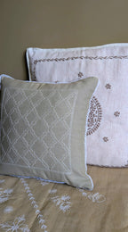 White Cotton Linen Chikankari Cushion Cover- 20x20 inches