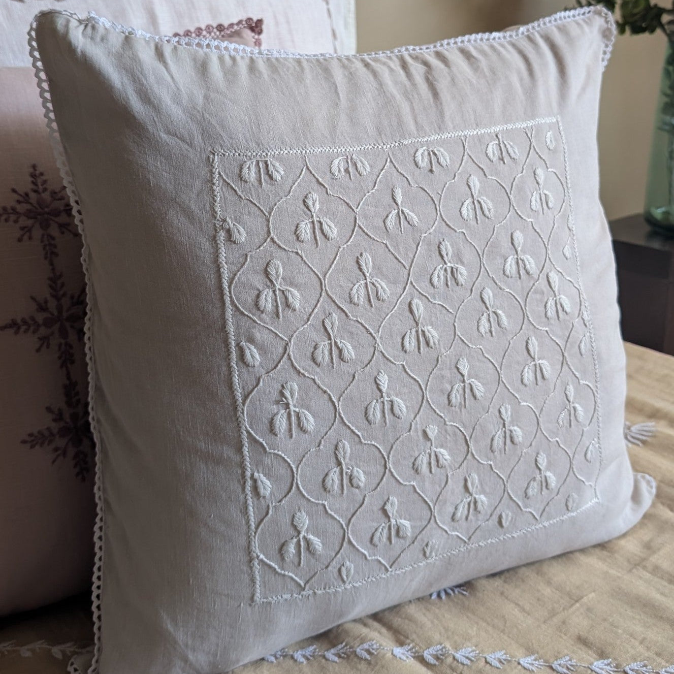 Biege Cotton Chikankari Cushion Cover- 18x18 inches