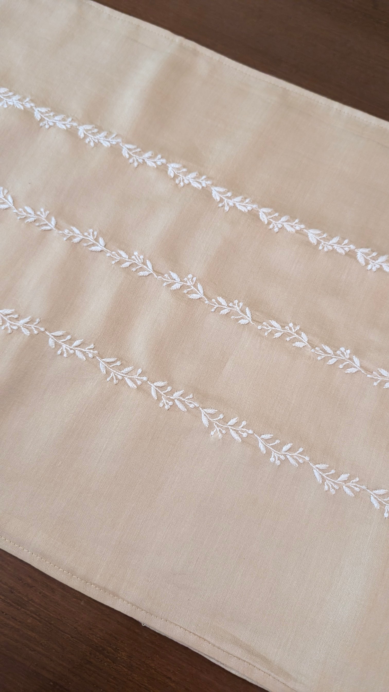 Hand Embroidered Chikankari Table Runner | Luxury Silk Table Linen | BEIGE