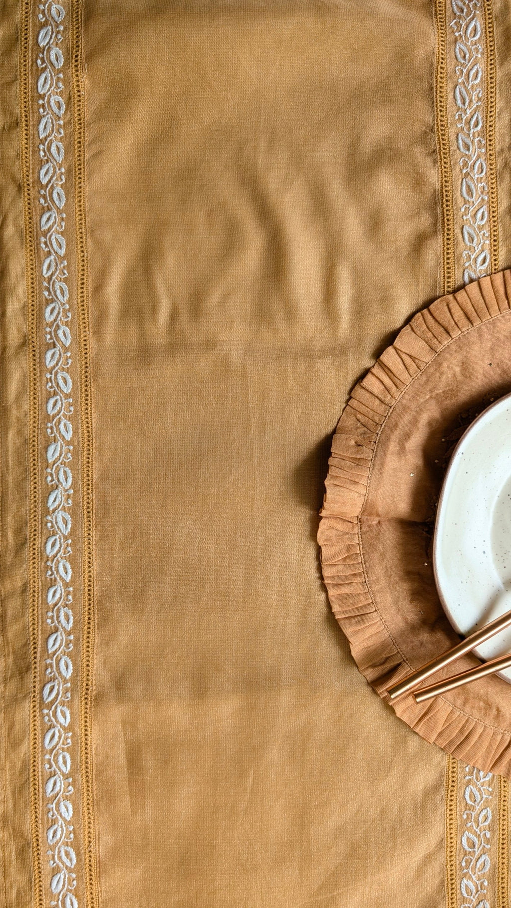 Hand Embroidered Chikankari Table Runner | Luxury Silk Table Linen | GOLD