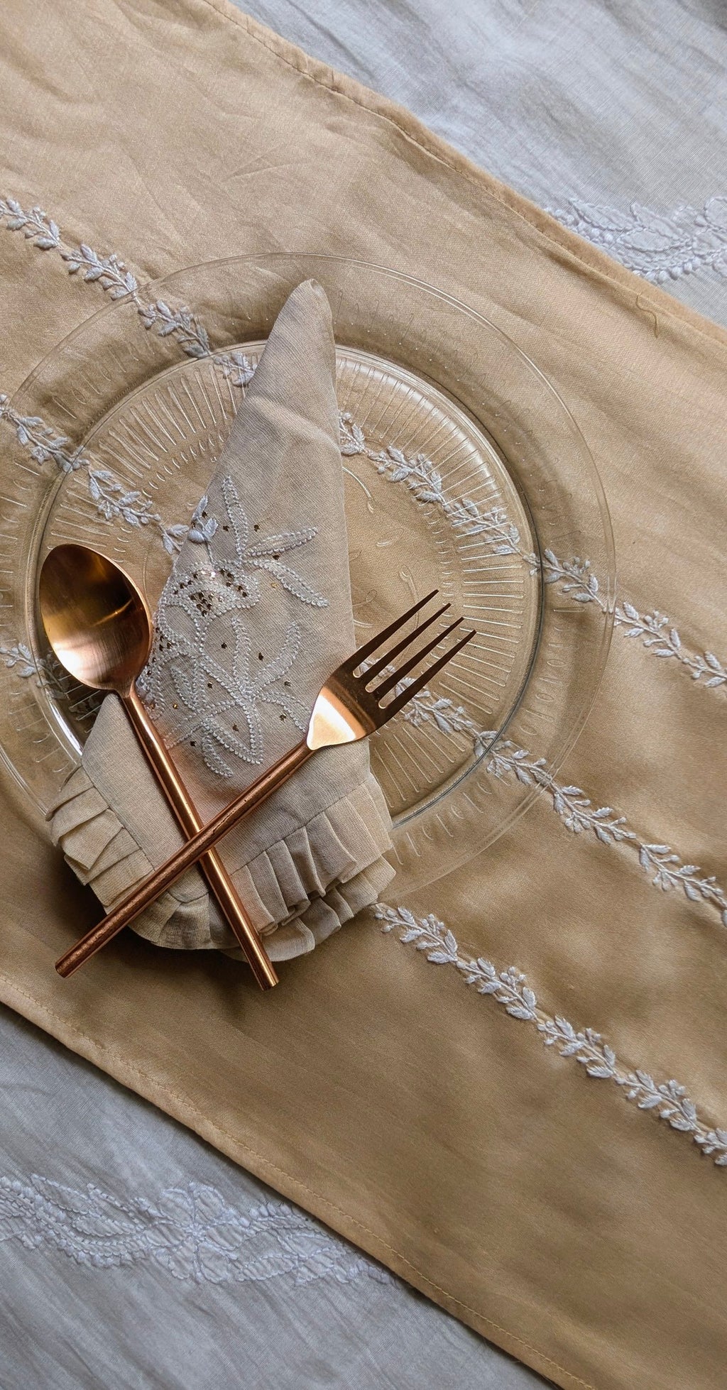 Hand Embroidered Chikankari Table Runner | Luxury Silk Table Linen | BEIGE