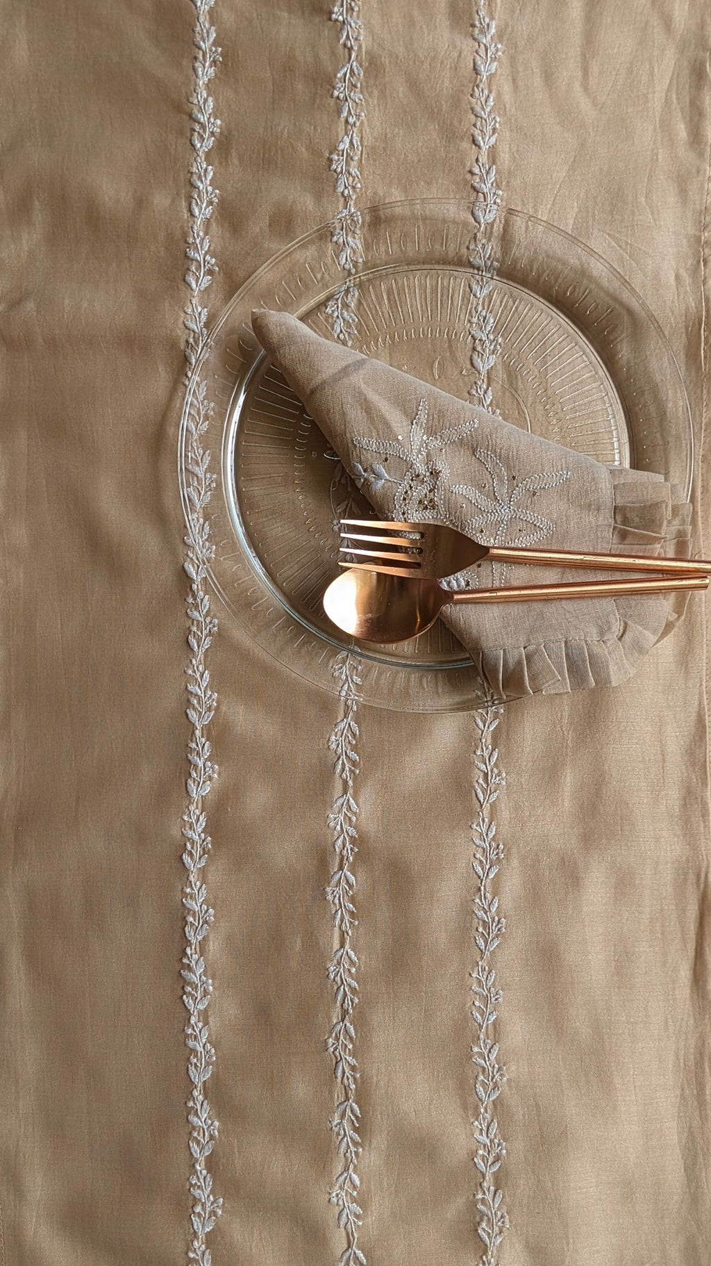 Hand Embroidered Chikankari Table Runner | Luxury Silk Table Linen | BEIGE