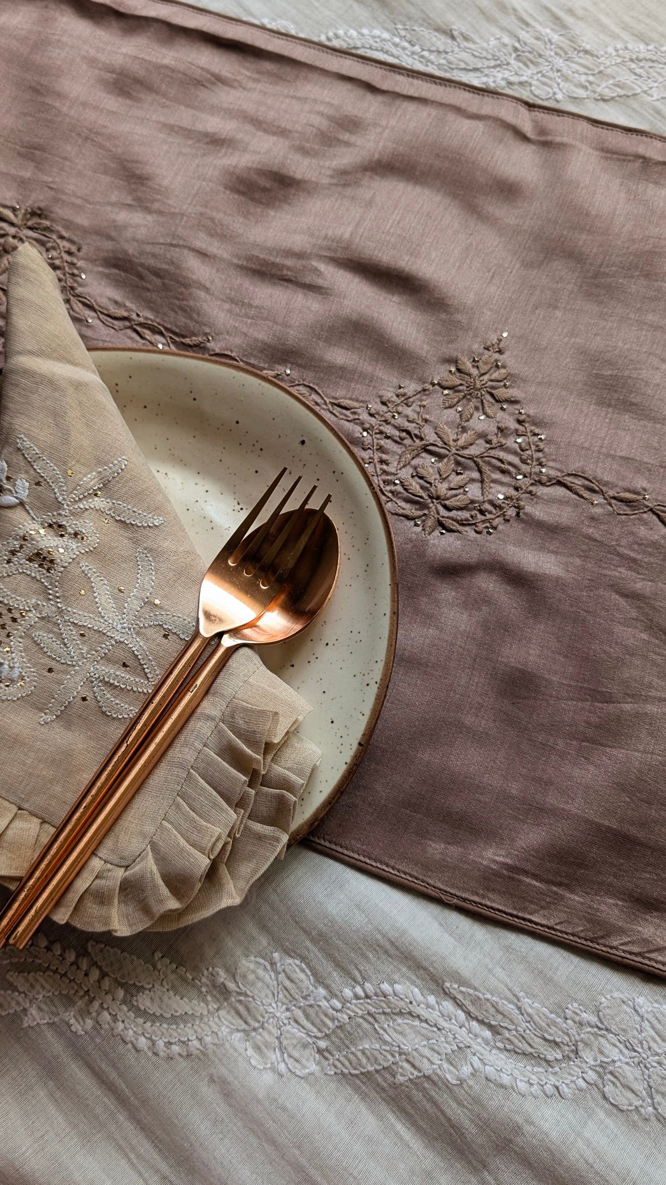 Hand Embroidered Chikankari Table Runner | Luxury Silk Table Linen | MULBERRY