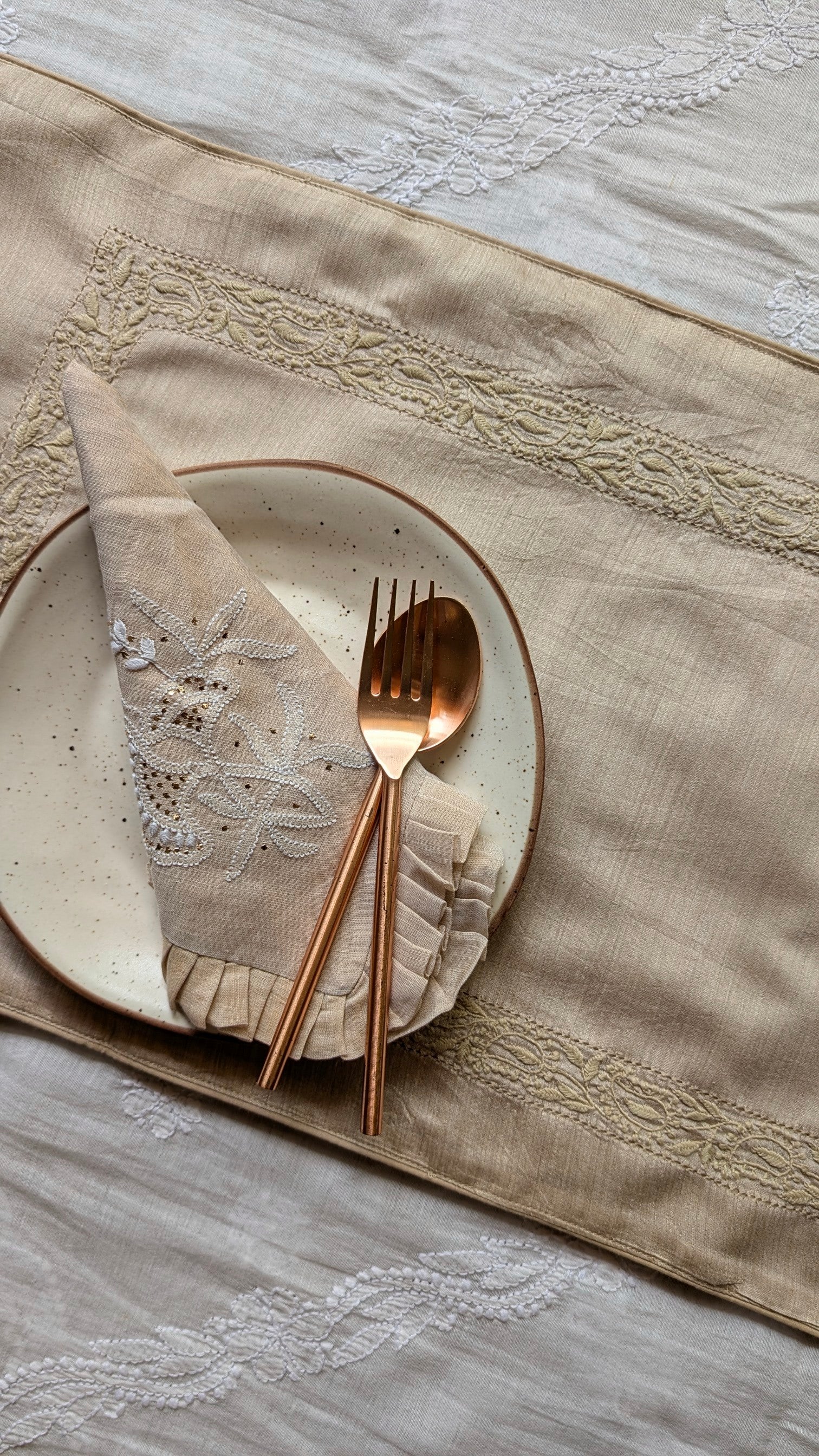 Hand Embroidered Chikankari Table Runner | Luxury Silk Table Linen | TUSSAR