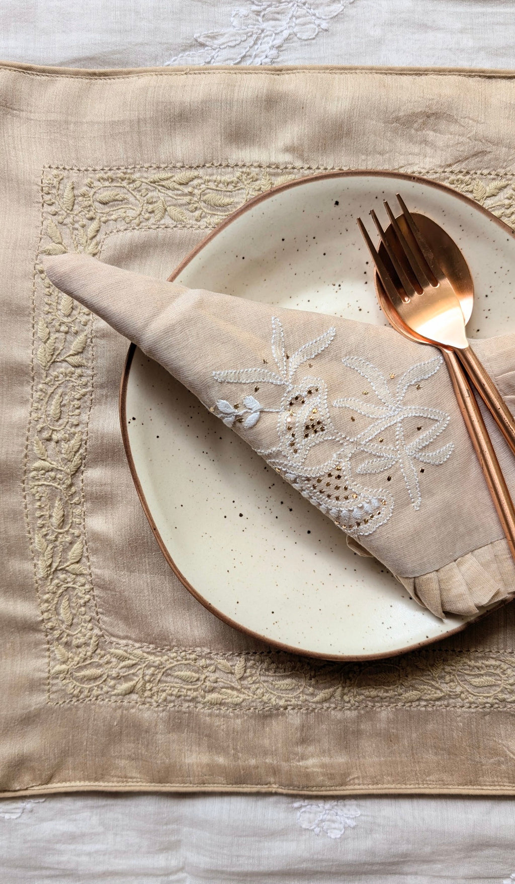 Hand Embroidered Chikankari Table Runner | Luxury Silk Table Linen | TUSSAR