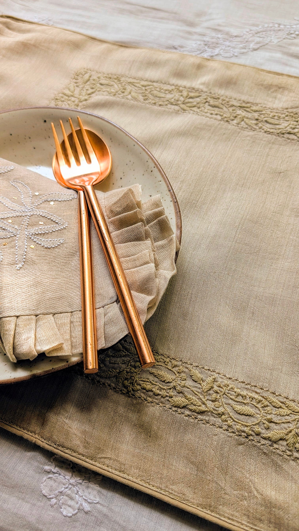 Hand Embroidered Chikankari Table Runner | Luxury Silk Table Linen | TUSSAR