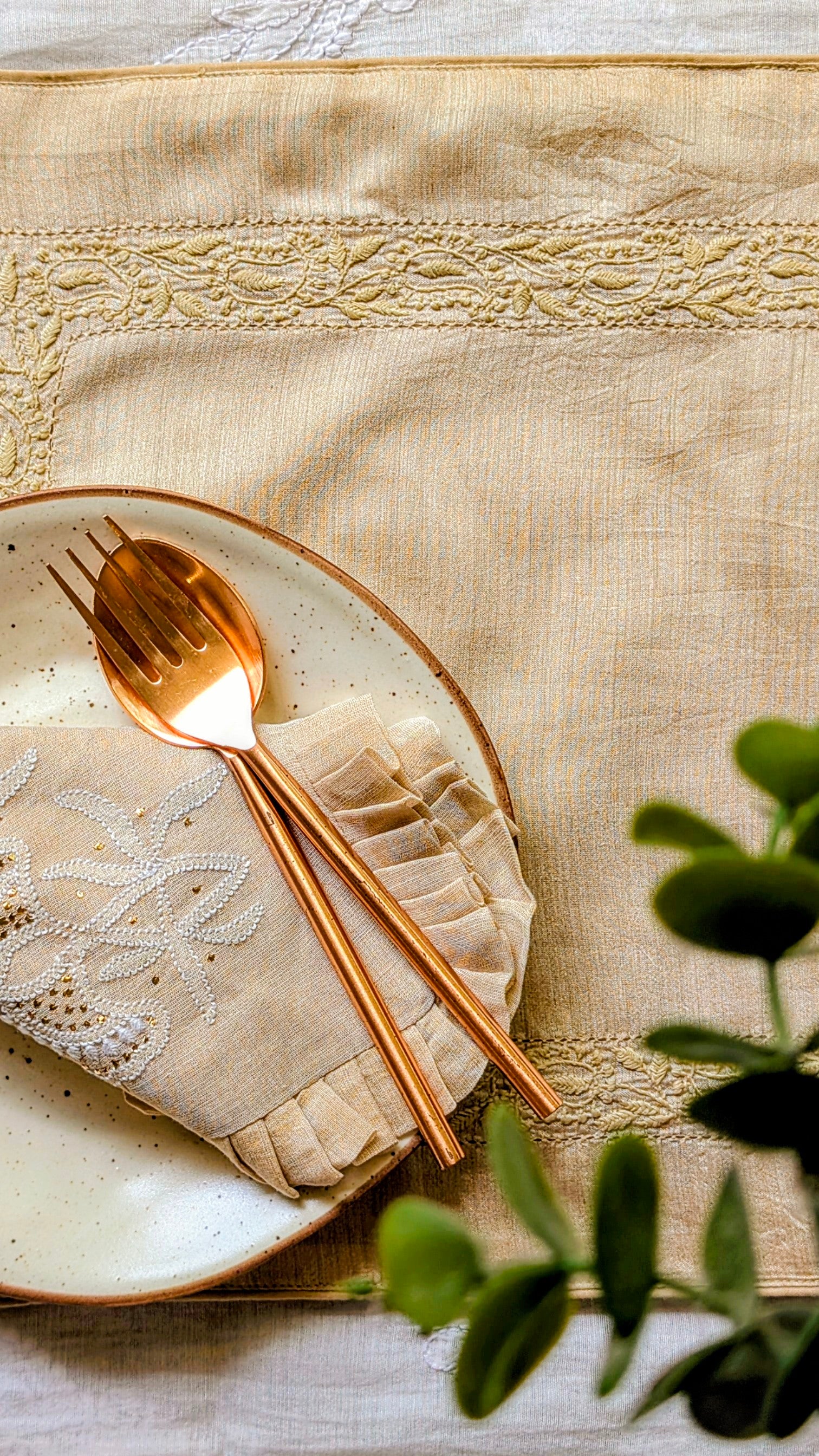 Hand Embroidered Chikankari Table Runner | Luxury Silk Table Linen | TUSSAR
