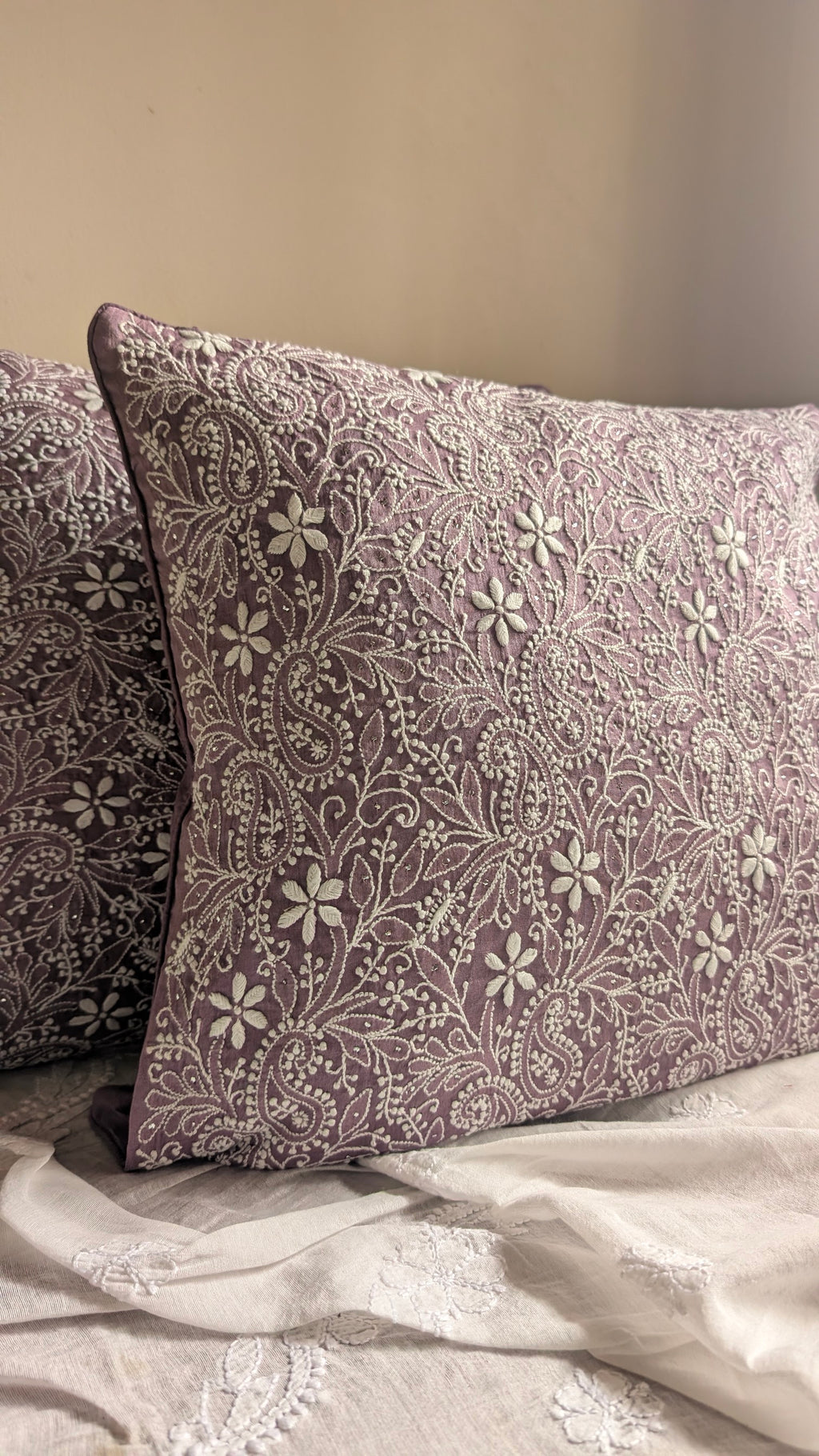 Deep Mauve Chikankari fully embroidered cushion cover 16x16inches