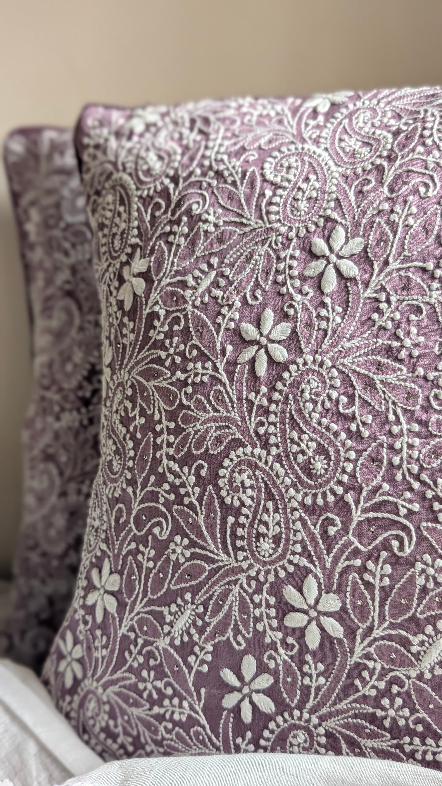 Deep Mauve Chikankari fully embroidered cushion cover 16x16inches