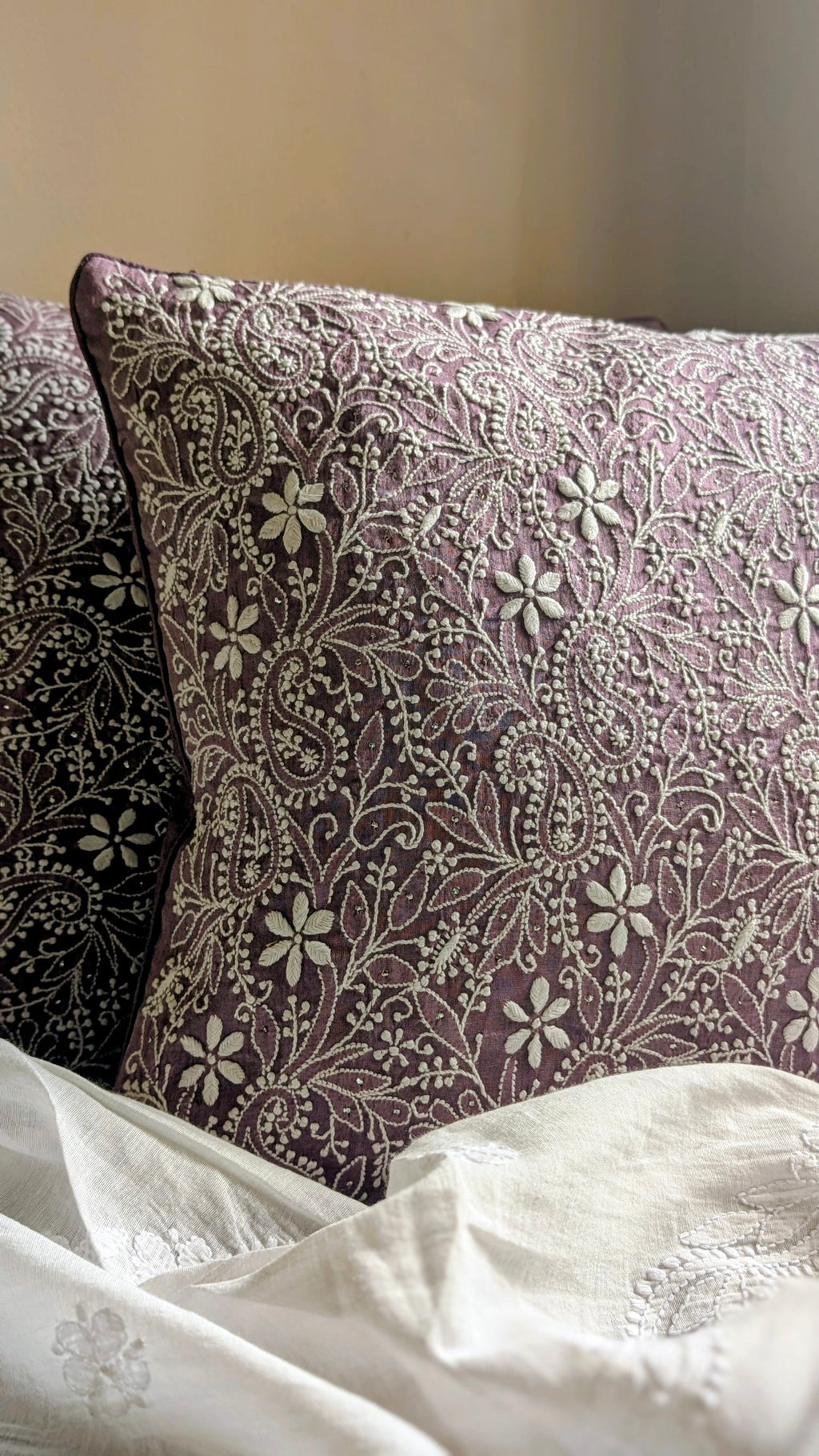 Deep Mauve Chikankari fully embroidered cushion cover 16x16inches
