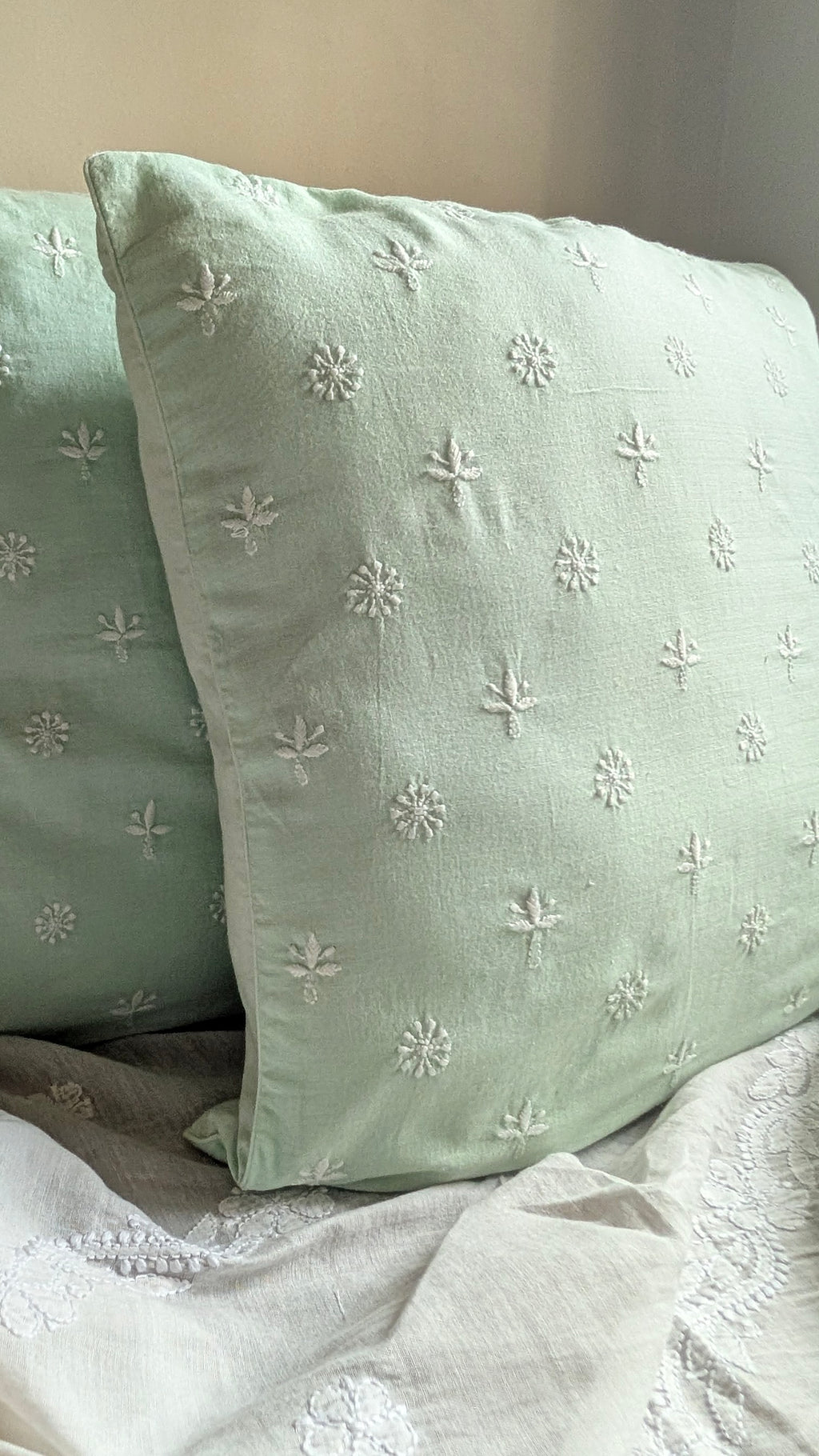 Mint Green Chikankari Cushion Cover 18x18 inches