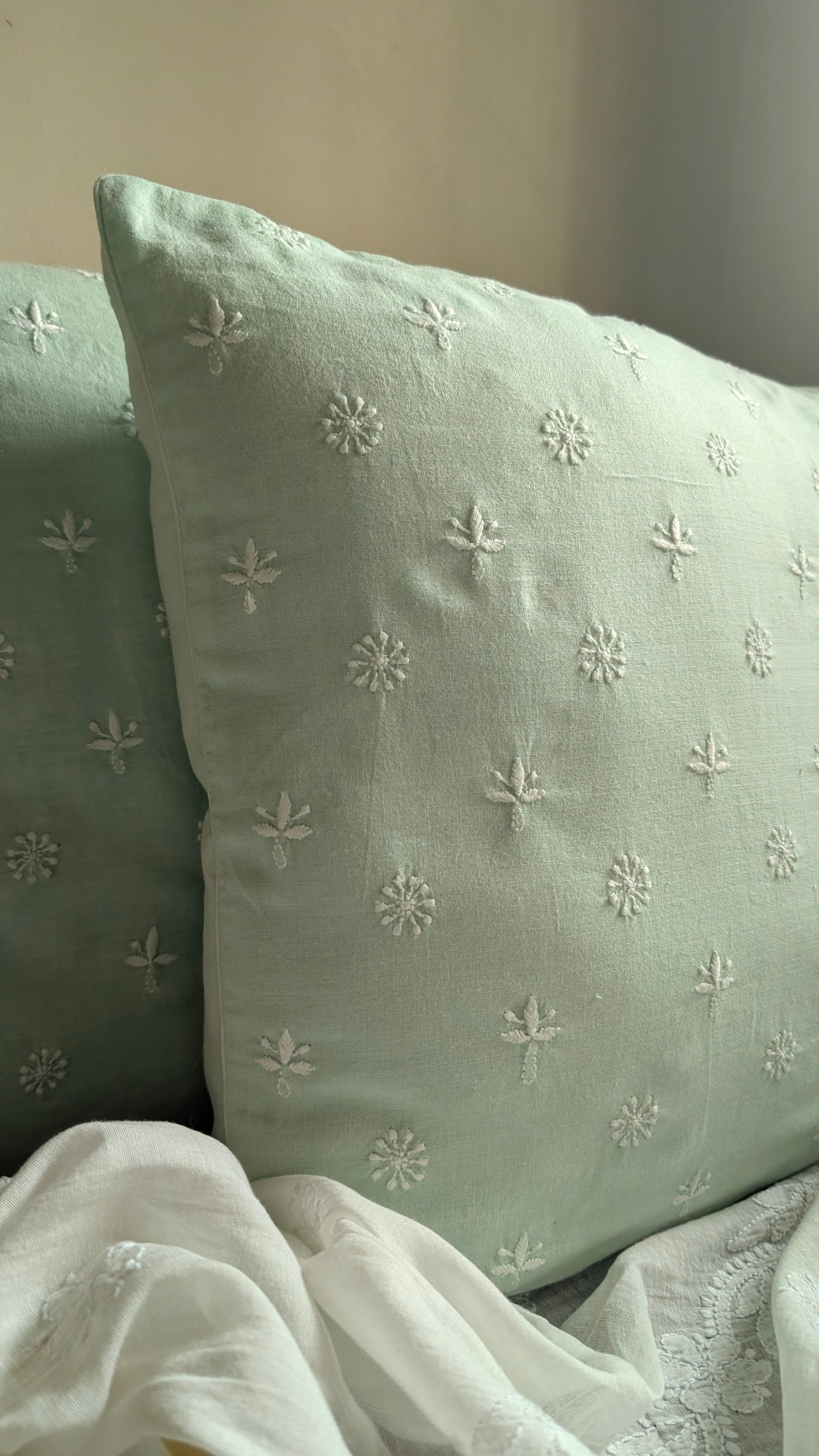 Mint Green Chikankari Cushion Cover 18x18 inches