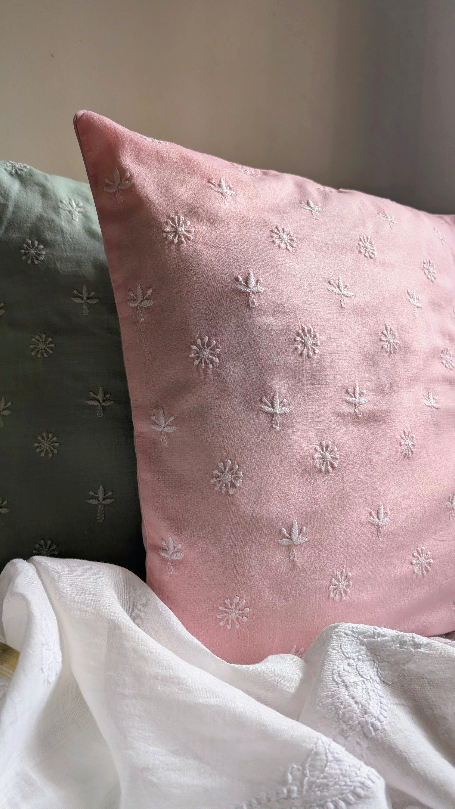 Linen Pink Hand Embroidered Cushion Cover 18x18 inches