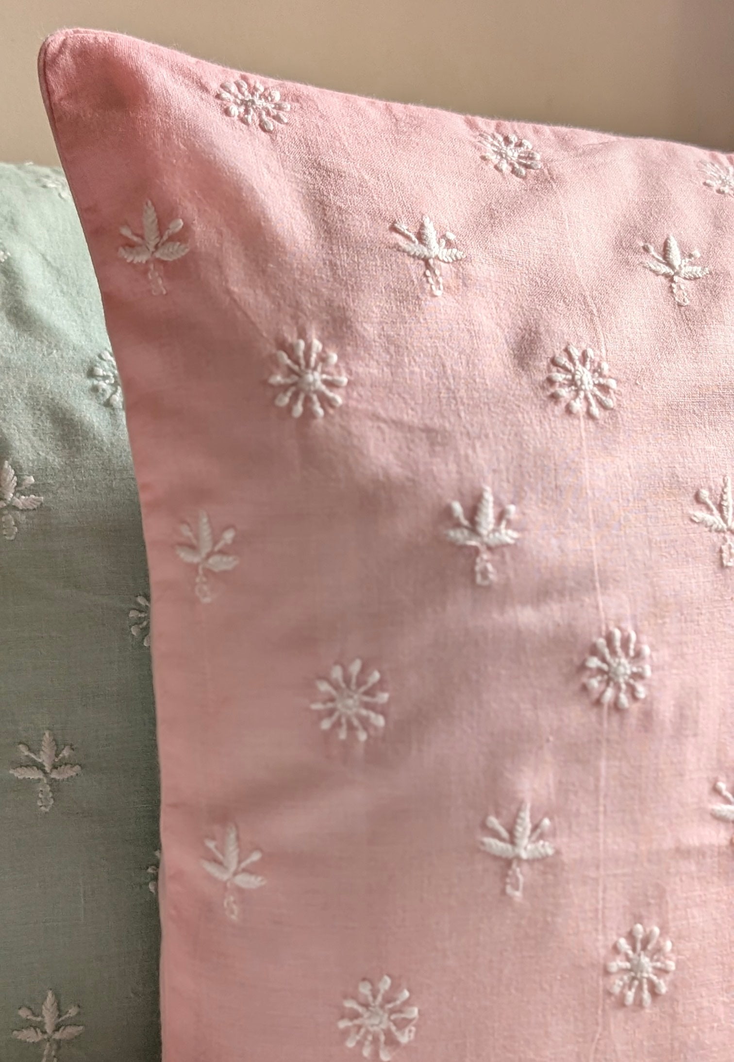 Linen Pink Hand Embroidered Cushion Cover 18x18 inches
