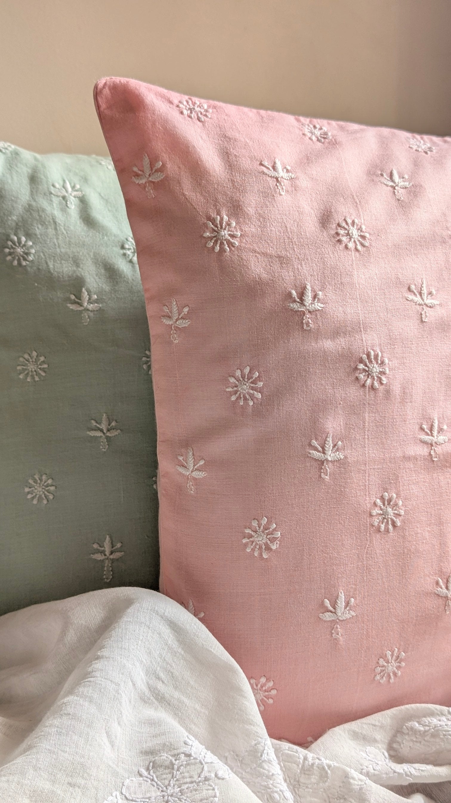 Linen Pink Hand Embroidered Cushion Cover 18x18 inches