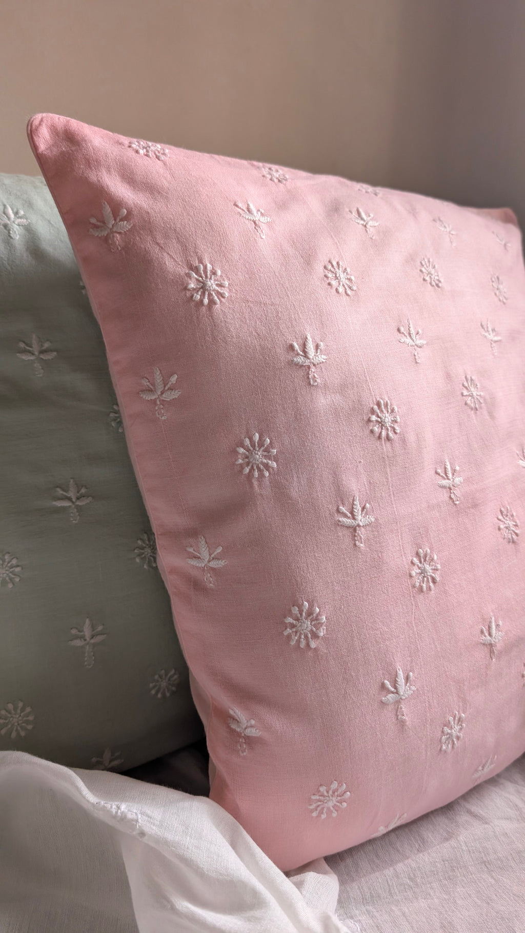 Linen Pink Hand Embroidered Cushion Cover 18x18 inches