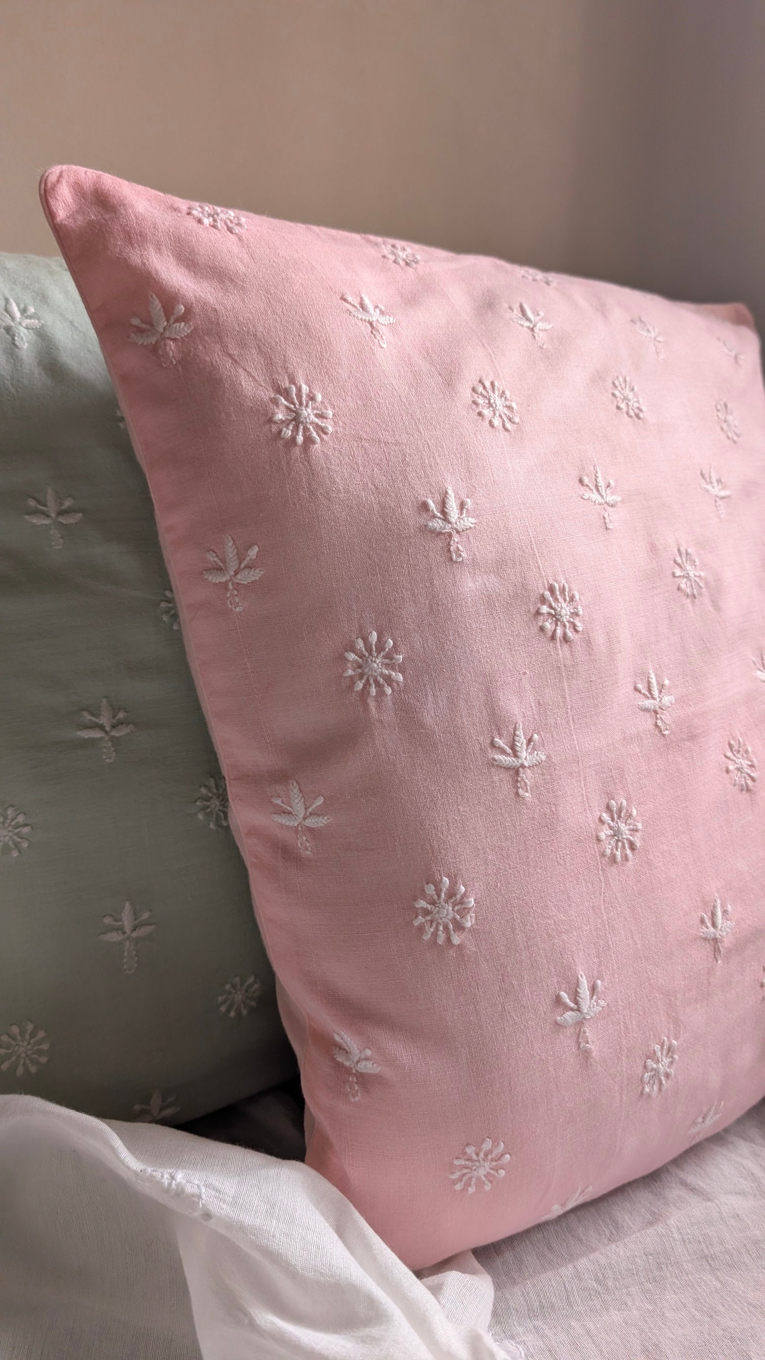 Linen Pink Hand Embroidered Cushion Cover 18x18 inches